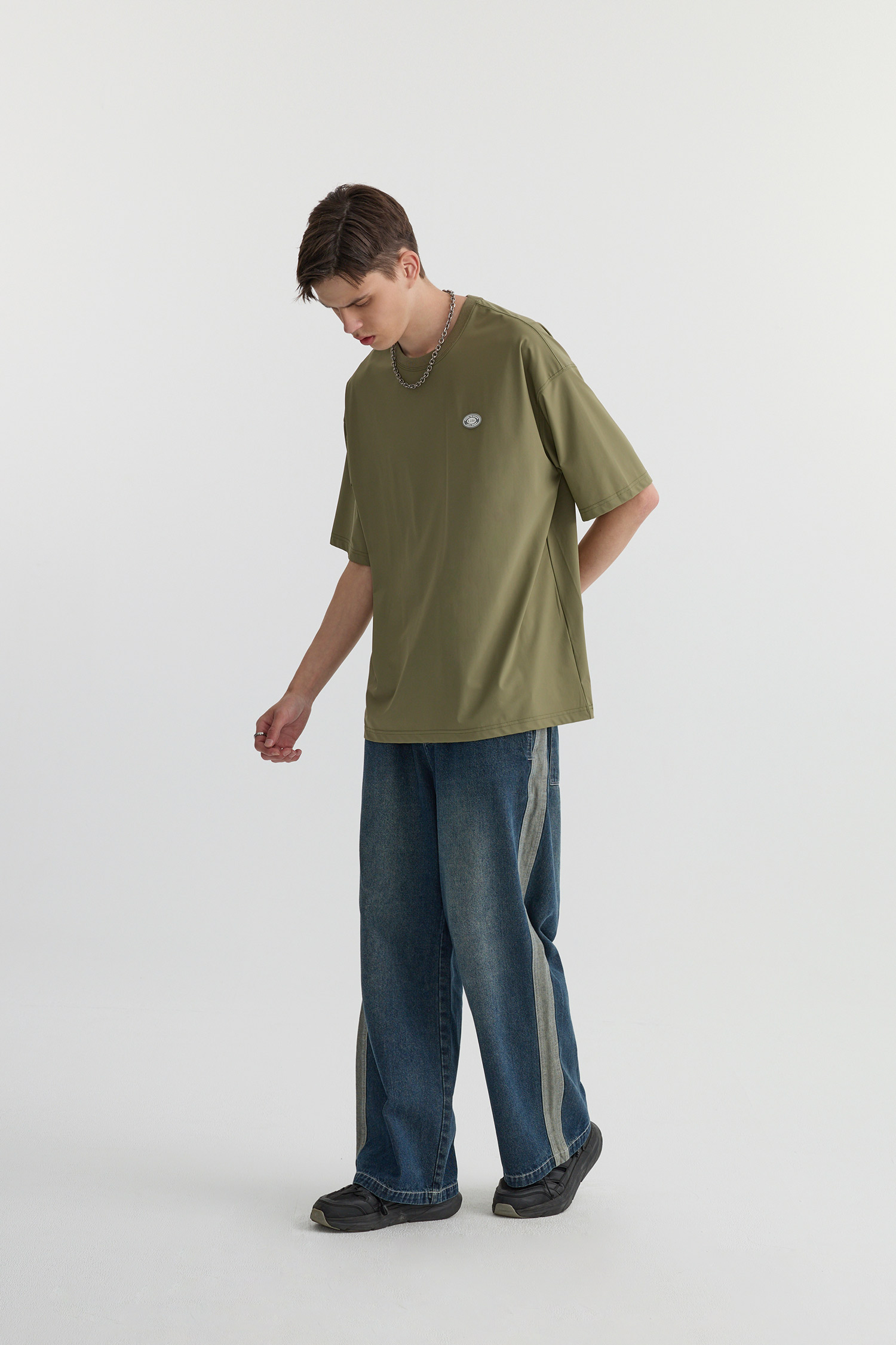 Life8 側邊壓條 牛仔長褲(寬版)