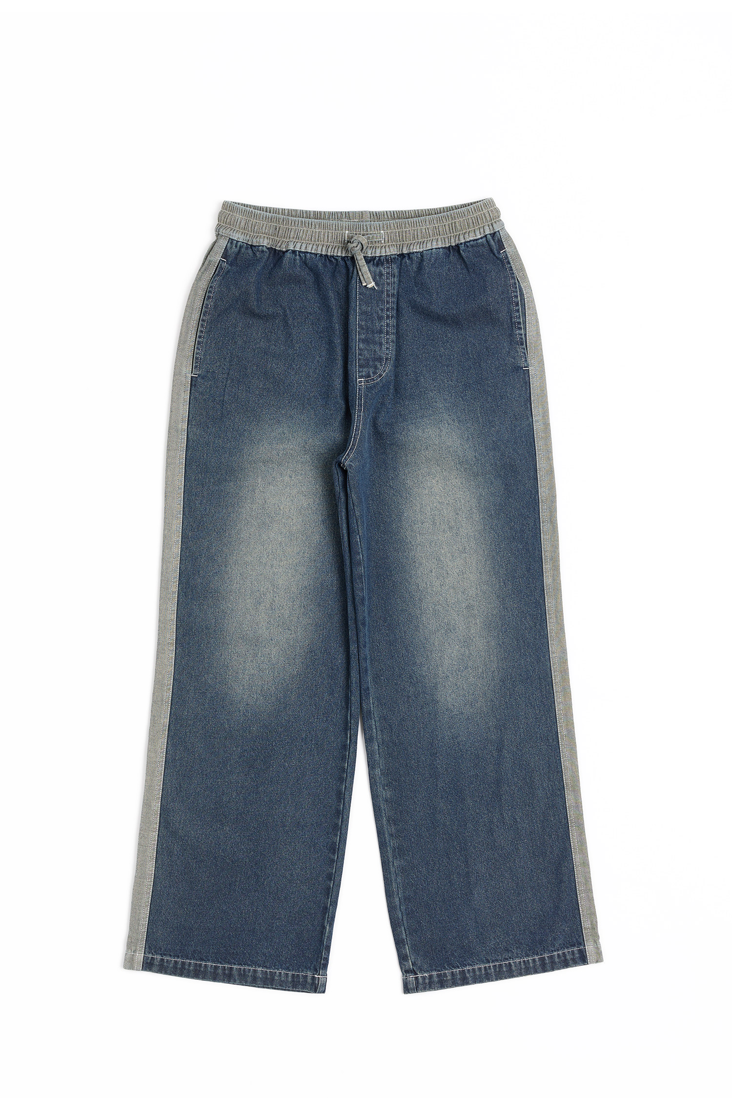 Life8 側邊壓條 牛仔長褲(寬版)