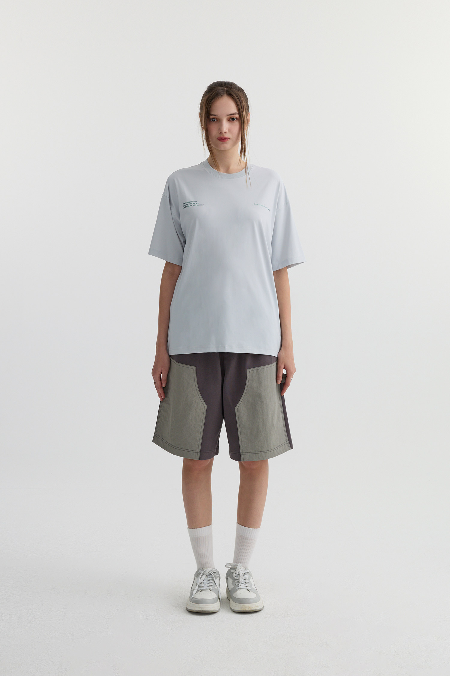 Life8 異材質拼接 寬版短褲