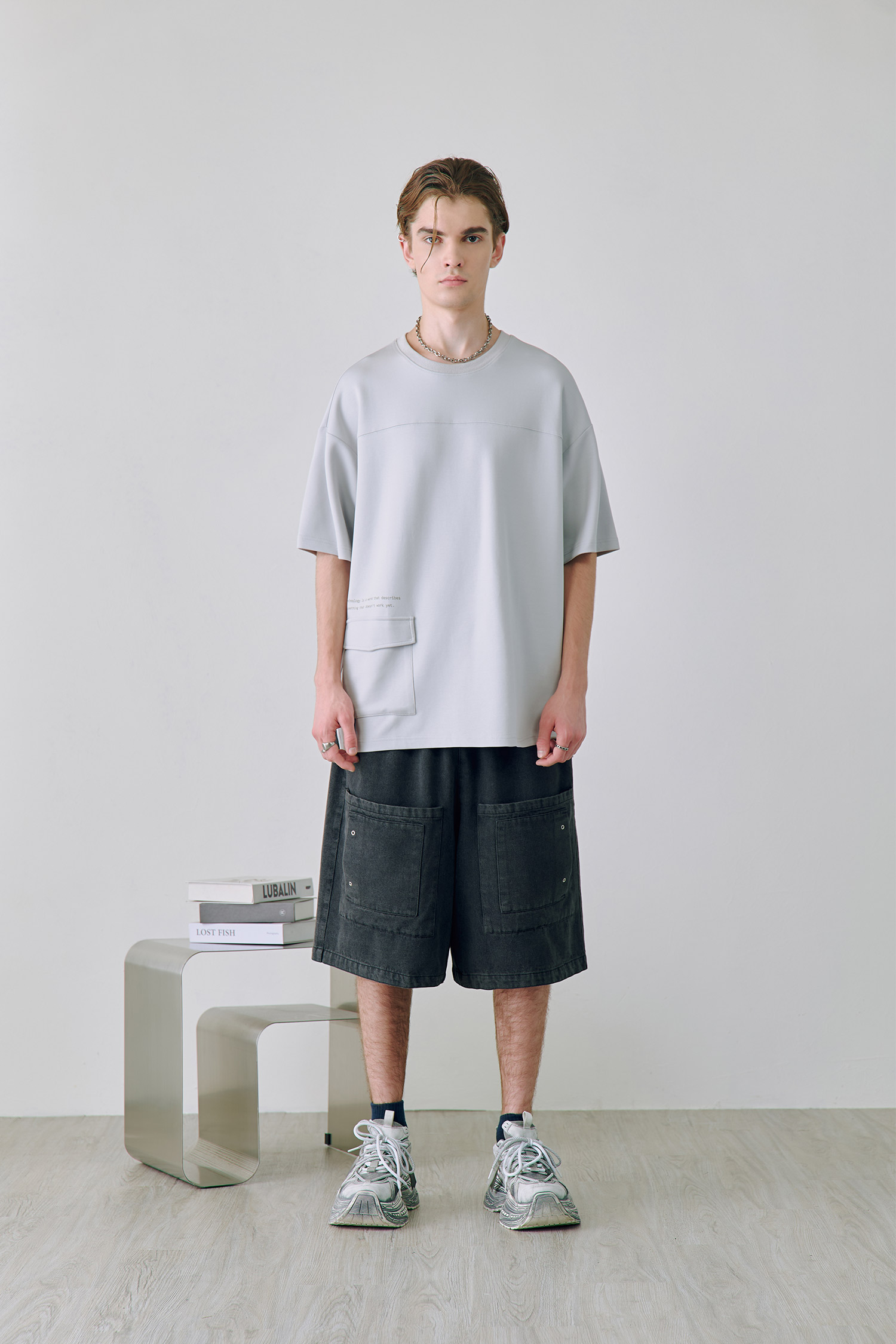 寬長版工作口袋 牛仔 短褲