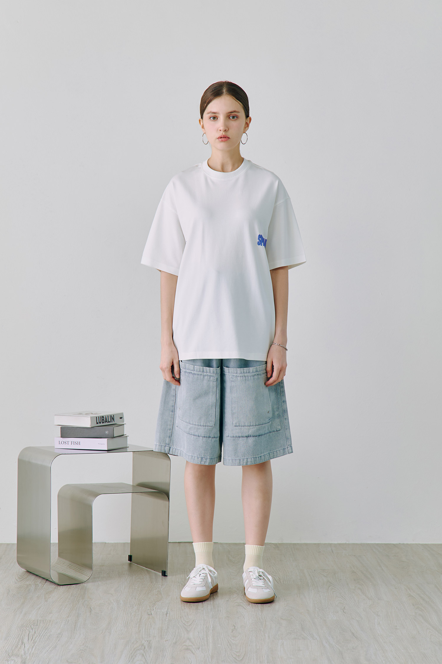 寬長版工作口袋 牛仔 短褲