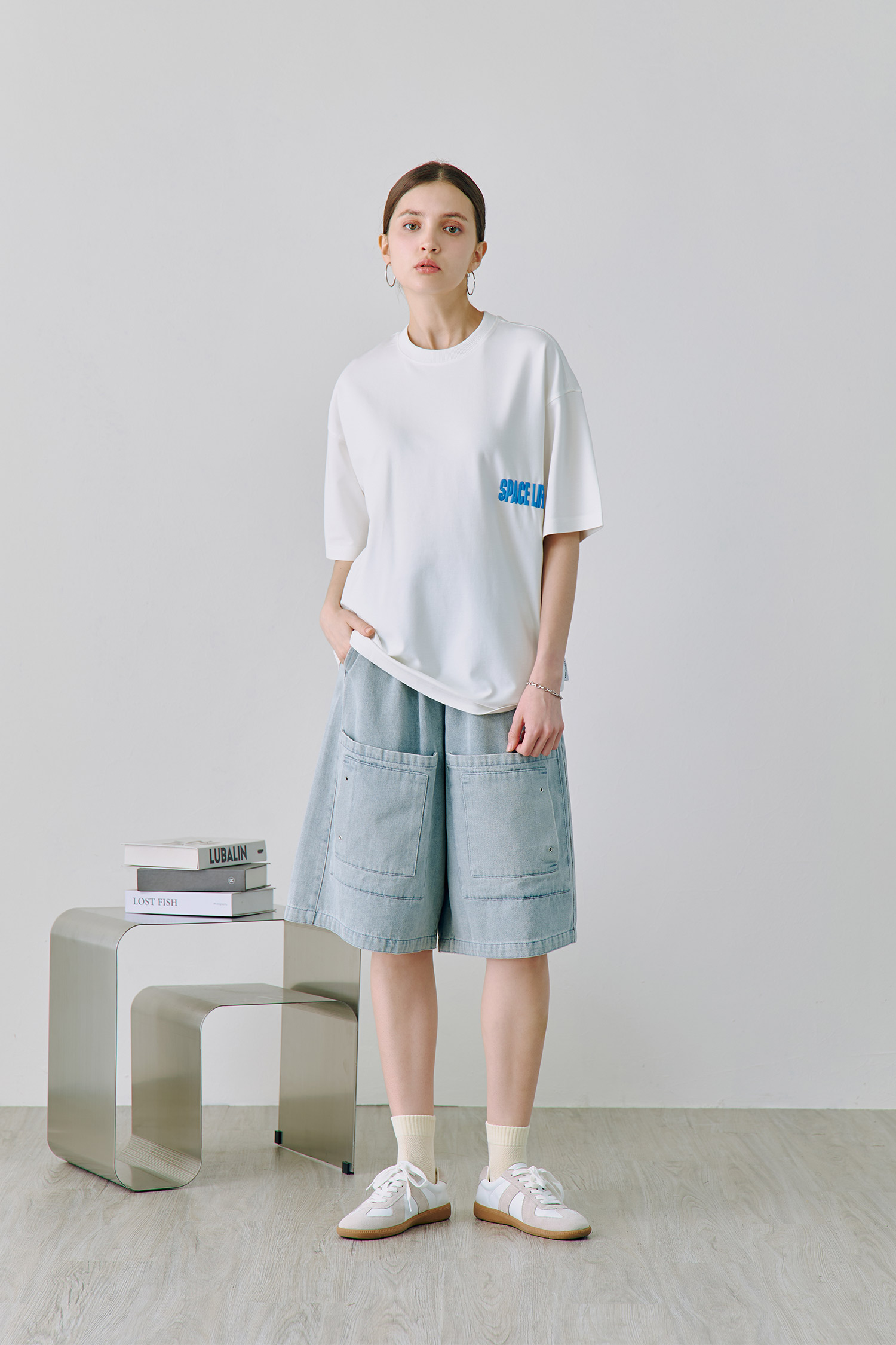 寬長版工作口袋 牛仔 短褲