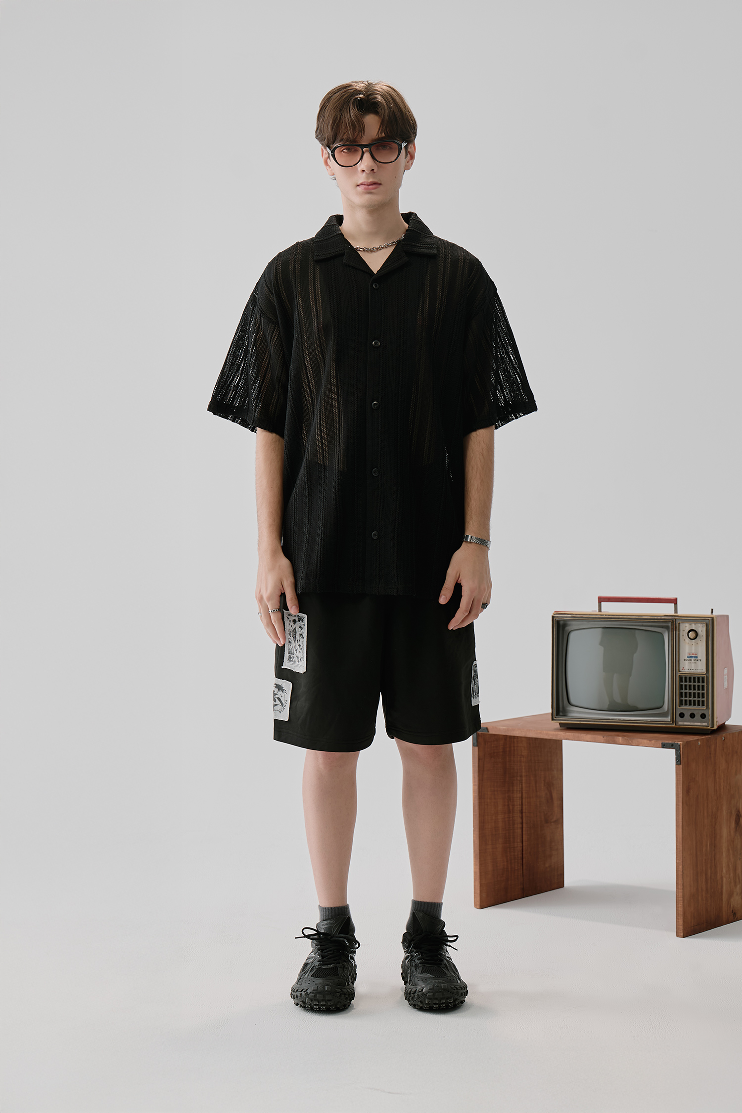 植物構造 毛邊貼布 短褲 (寬版)