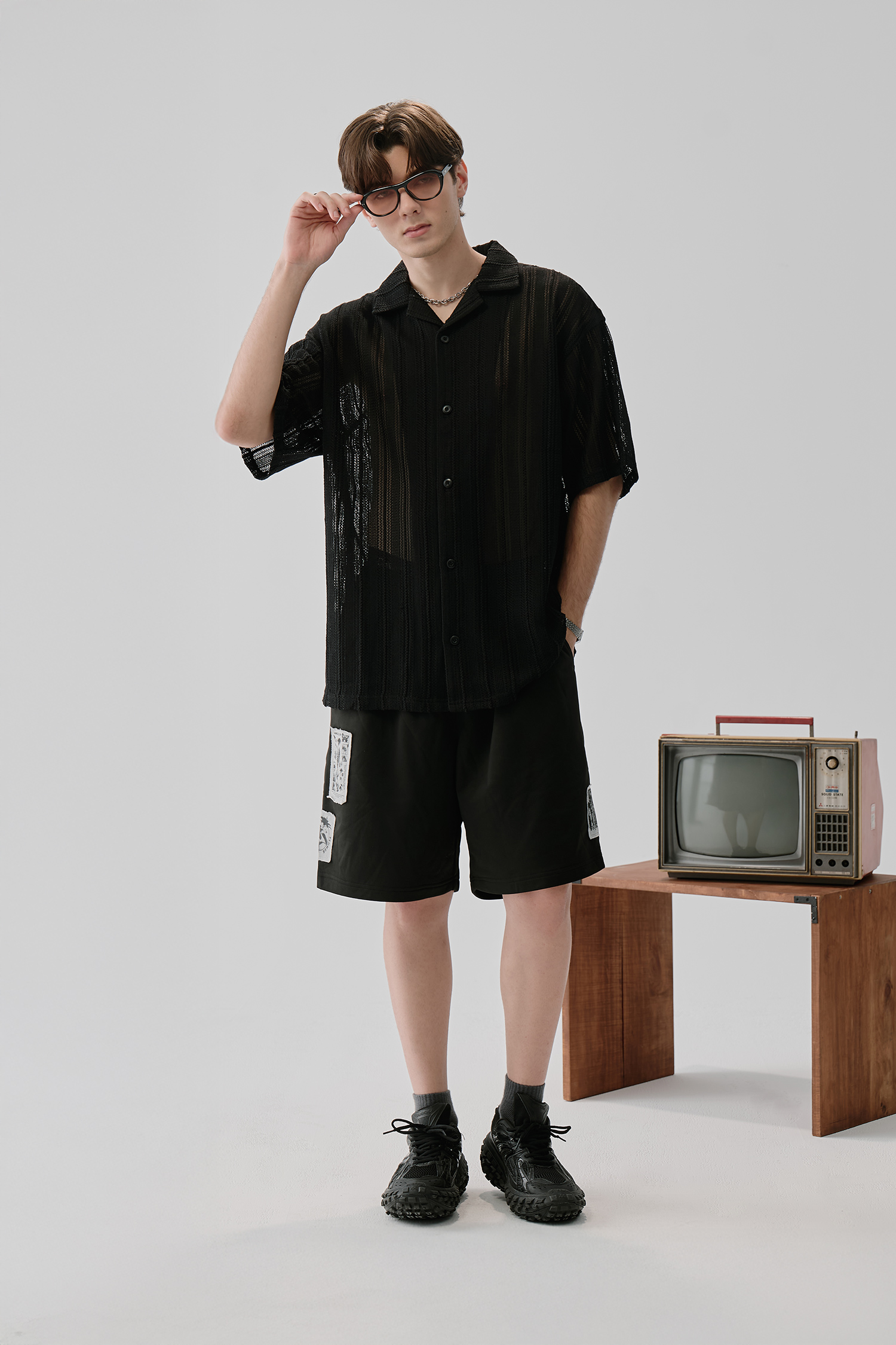 植物構造 毛邊貼布 短褲 (寬版)