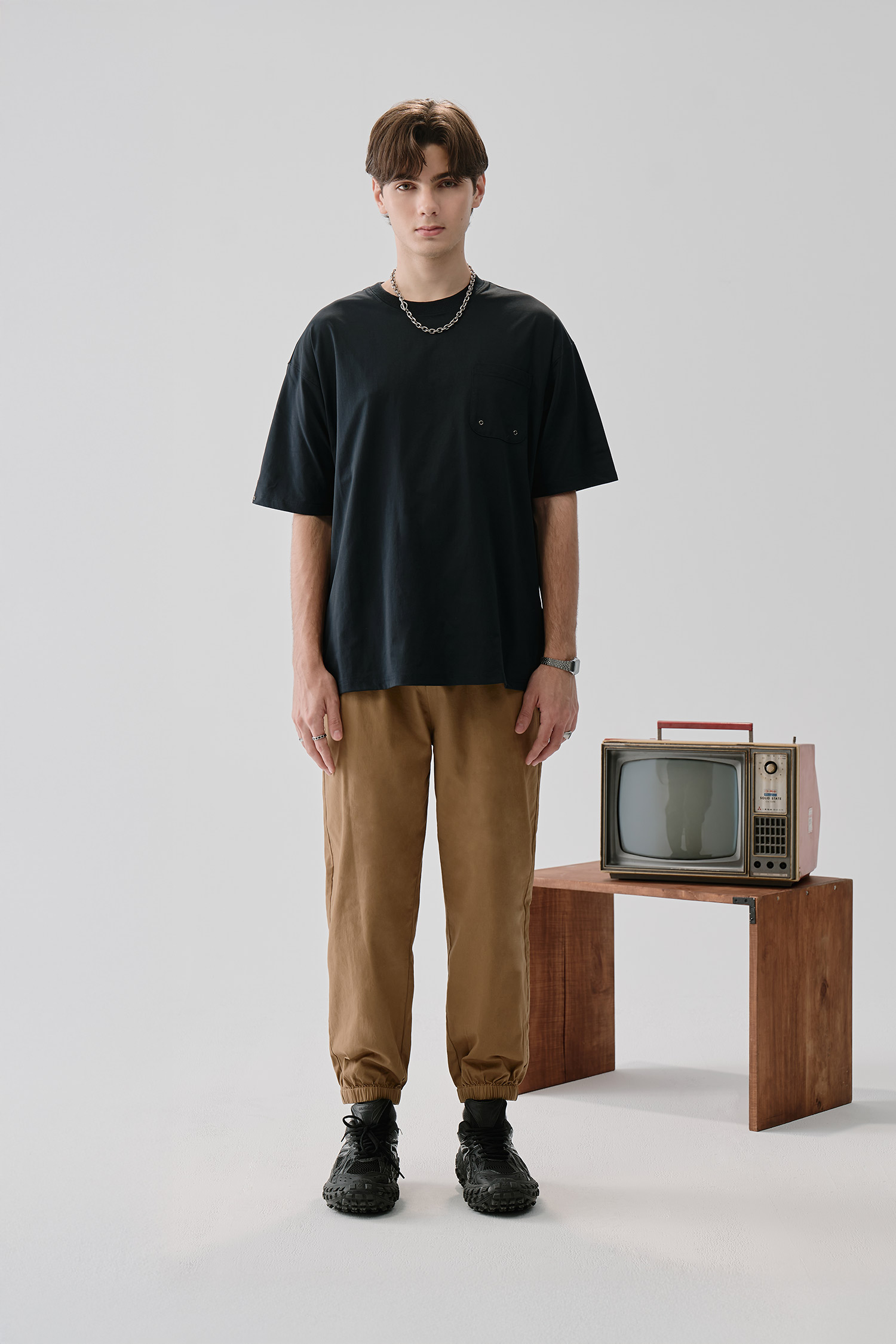 撞色夾標 棉質縮口長褲