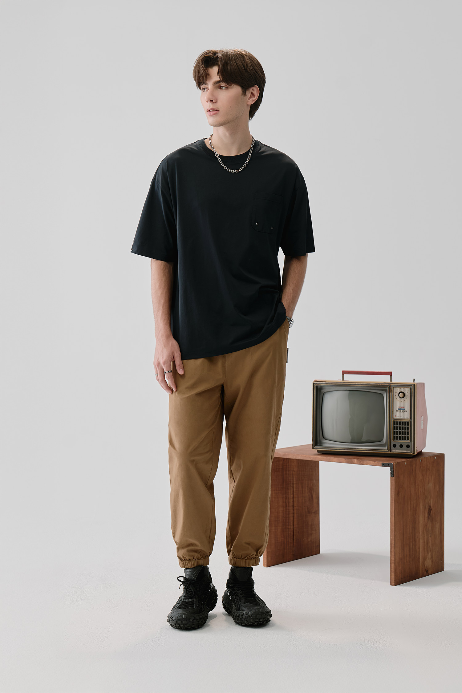 撞色夾標 棉質縮口長褲