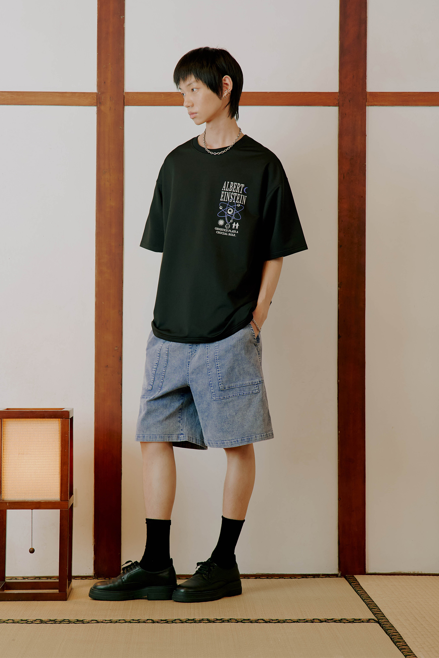 明線配色 洗水牛仔短褲