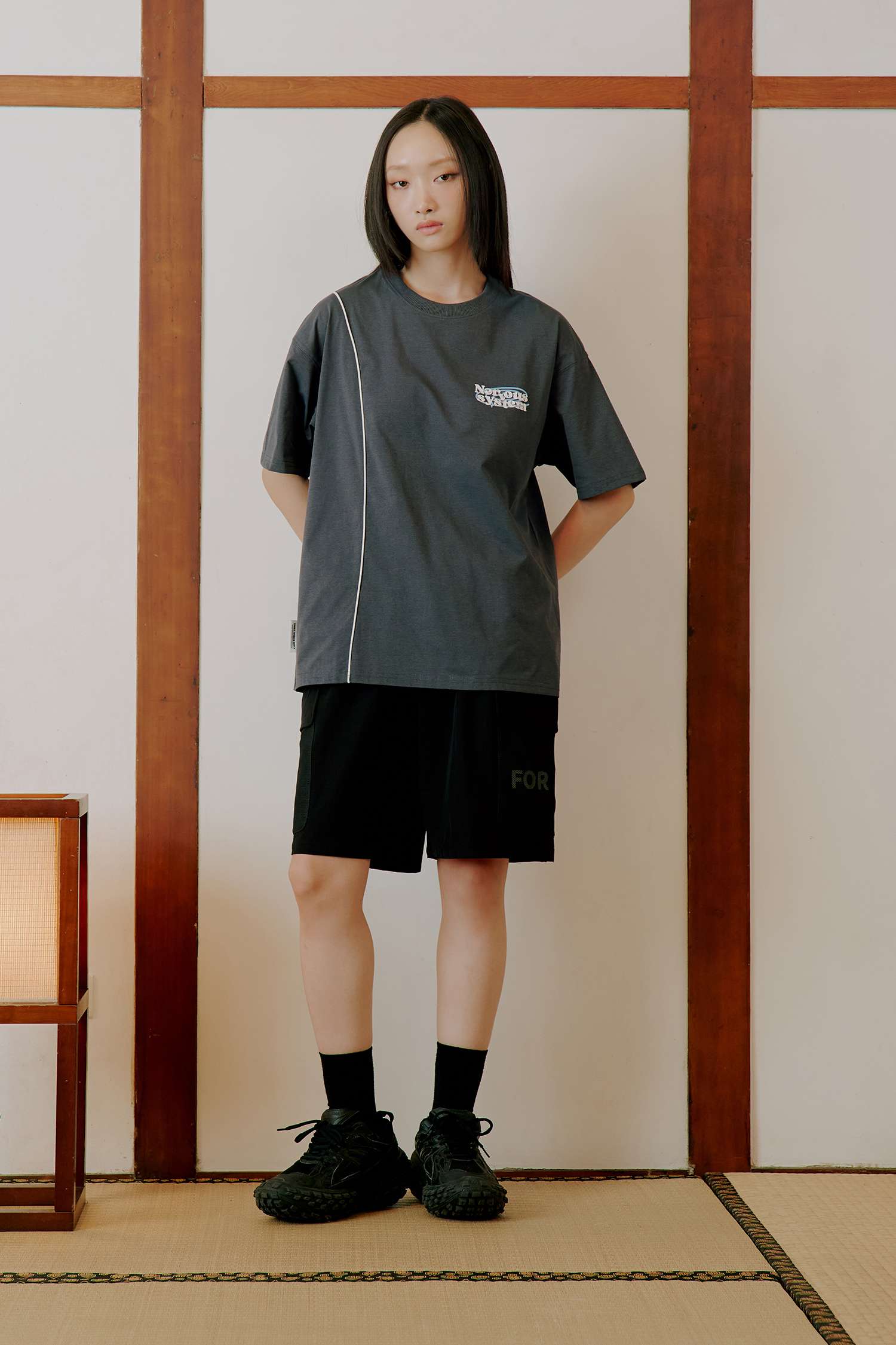 口袋透視 印花短褲(寬版)