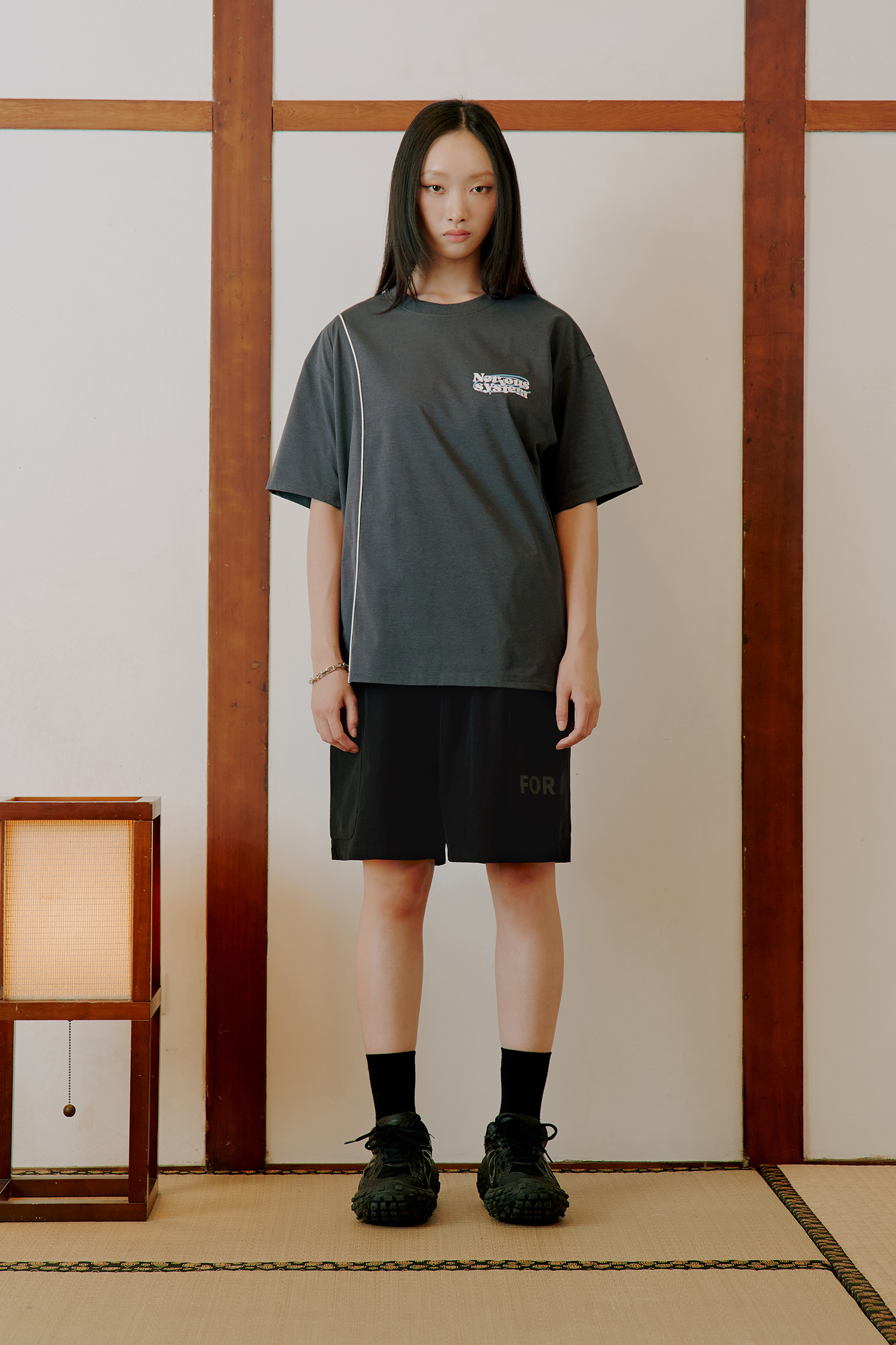 口袋透視 印花短褲(寬版)