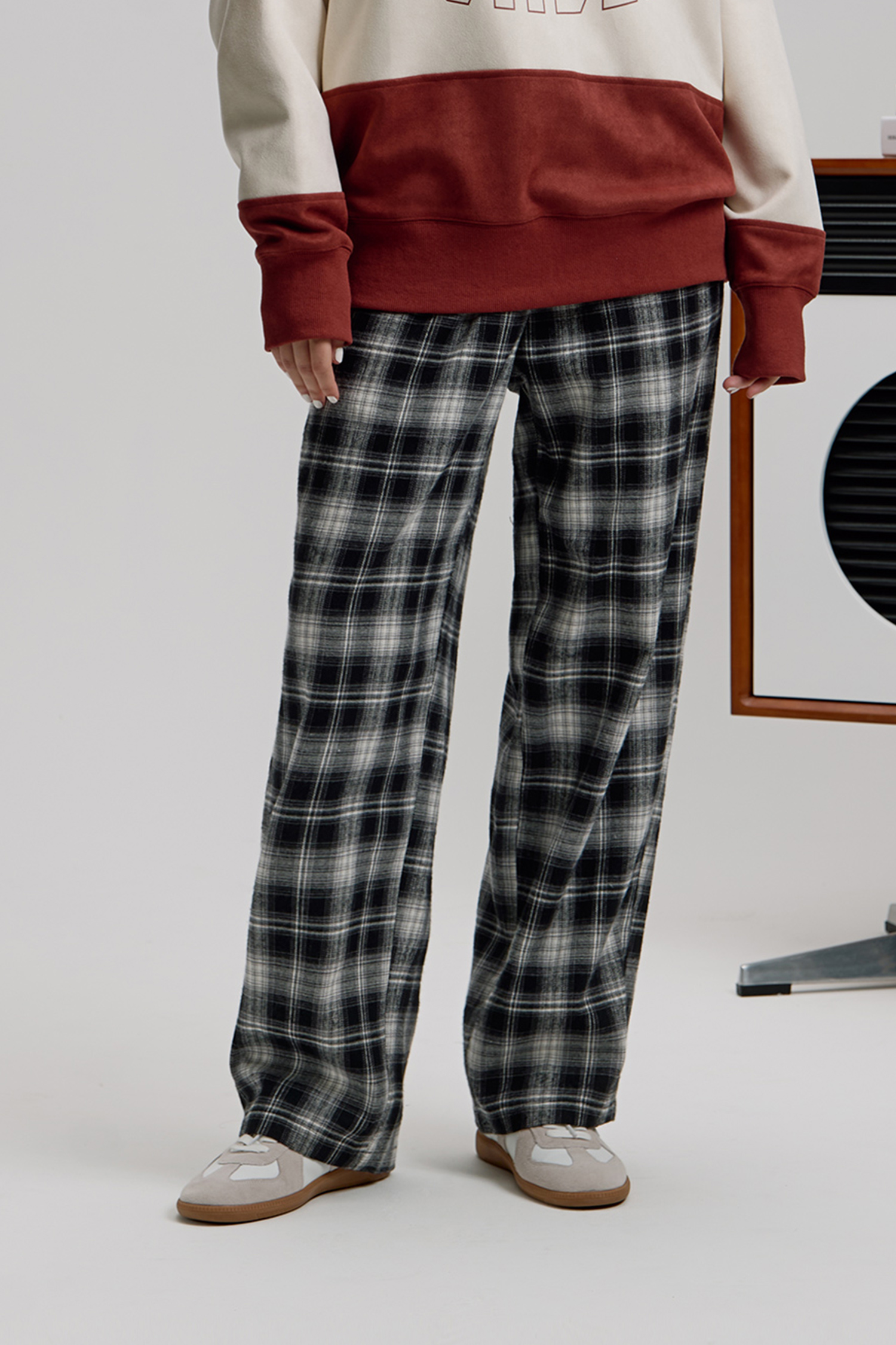 基礎直筒 磨毛格紋長褲