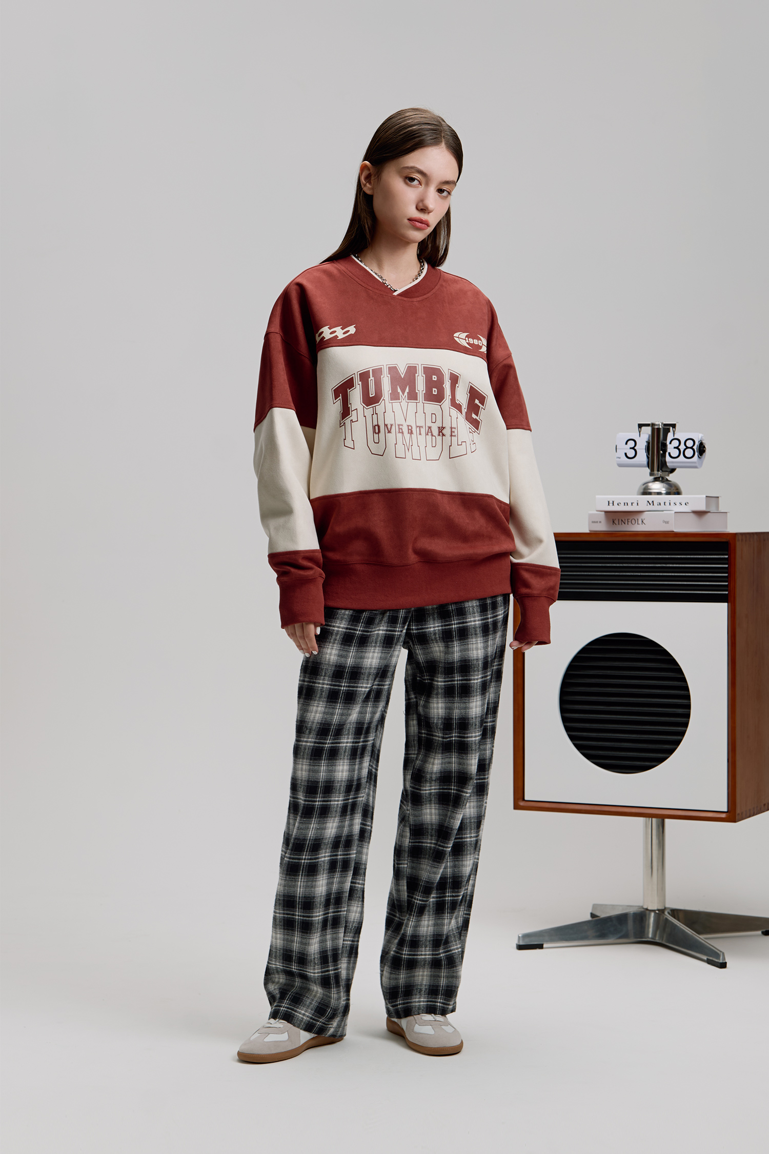 基礎直筒 磨毛格紋長褲