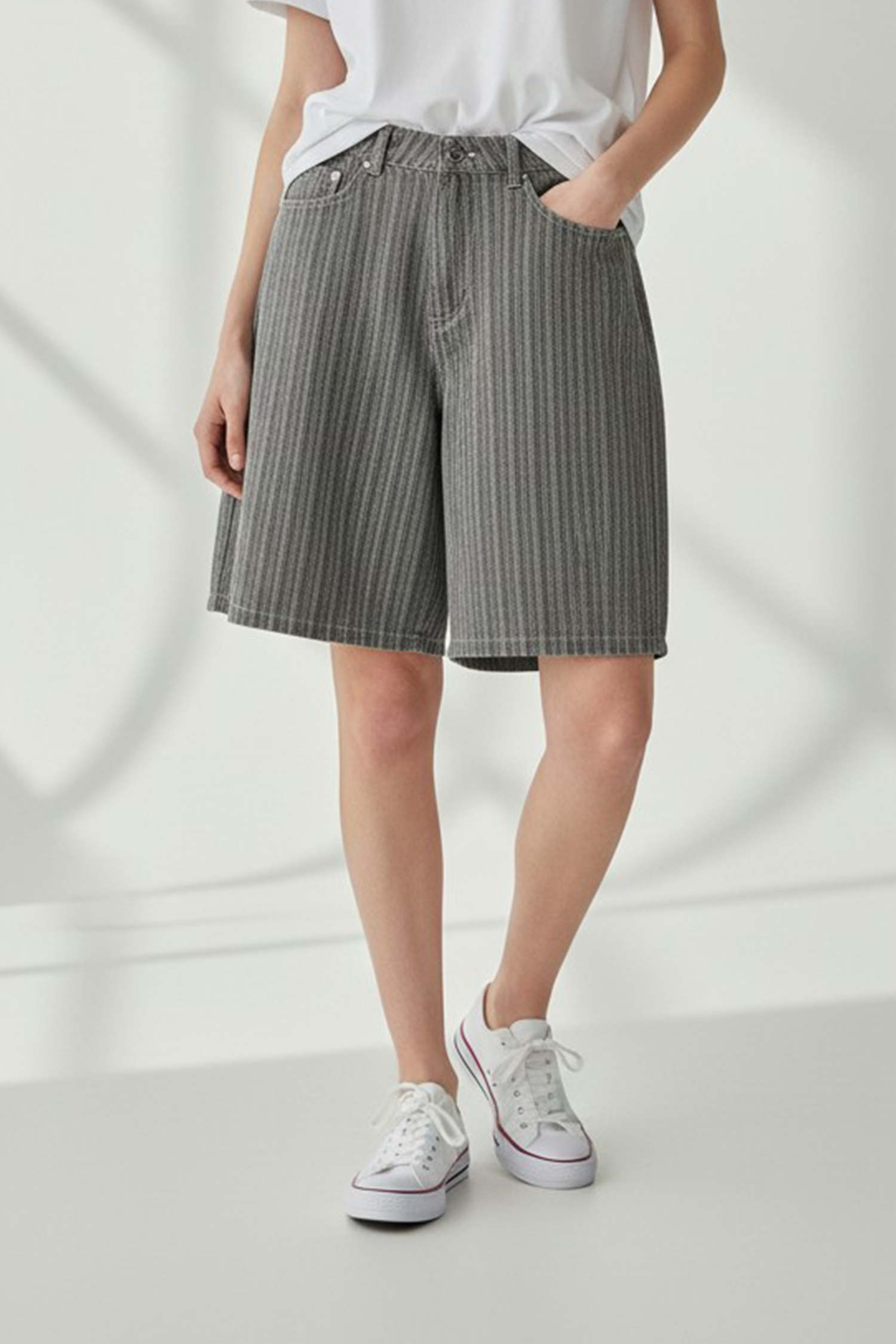 條紋牛仔短褲(寬版)