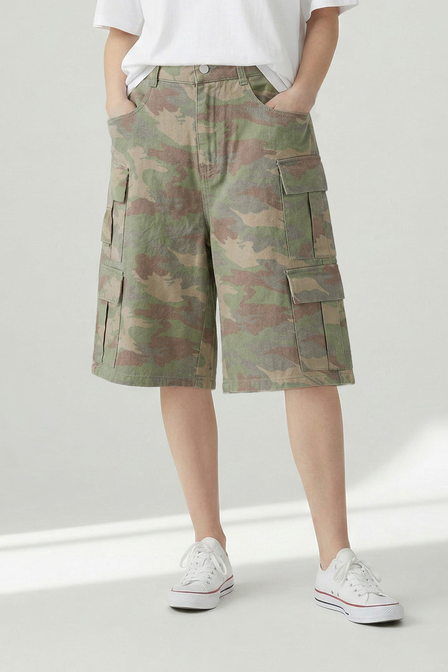 洗舊迷彩 工裝口袋短褲(寬版)