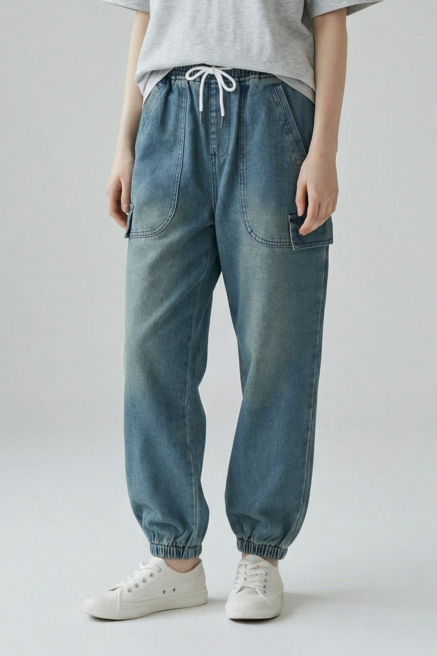 重工水洗 牛仔縮口長褲