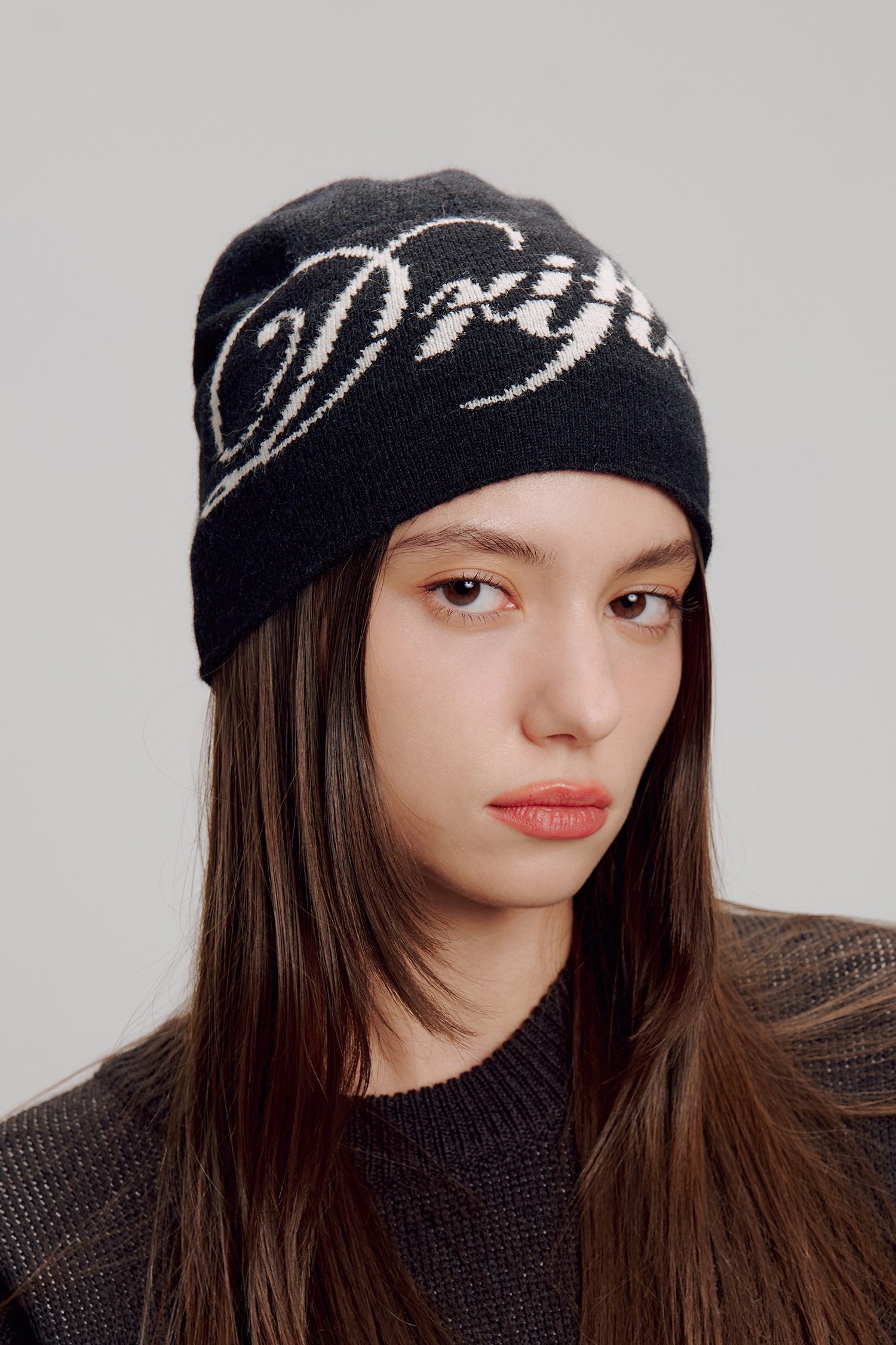 細針織文字毛帽