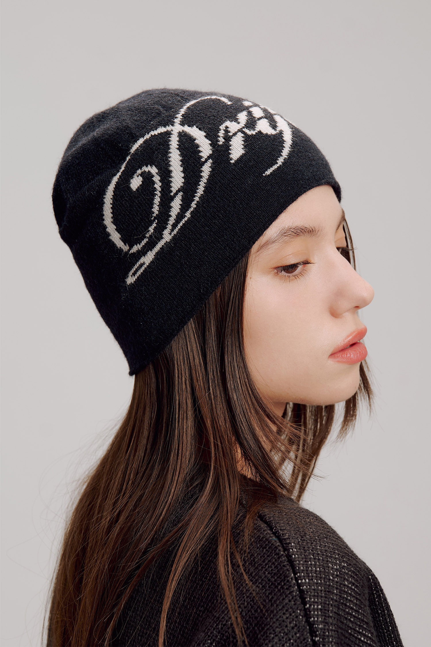 細針織文字毛帽