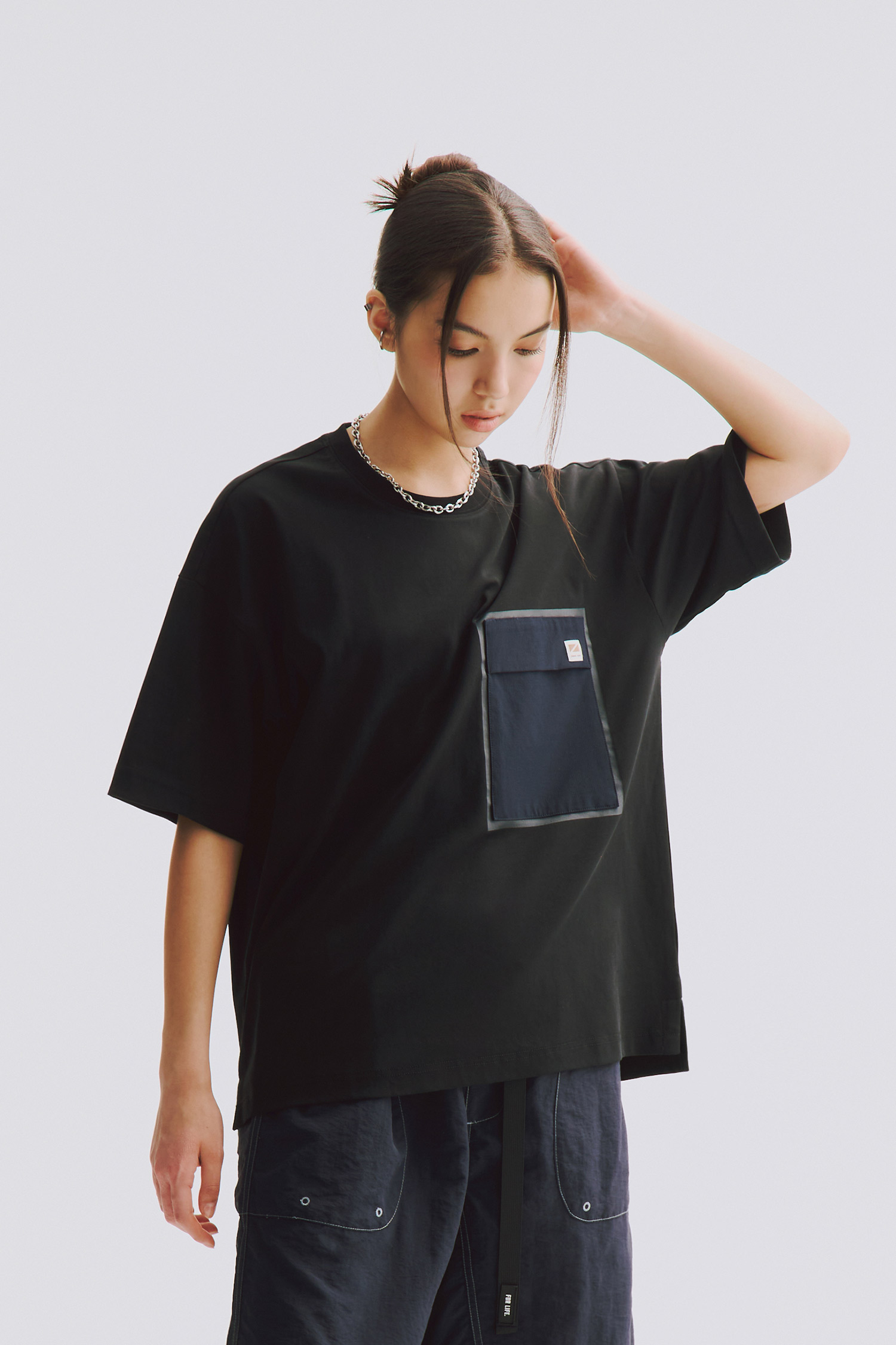 拼接口袋棉柔 短袖上衣