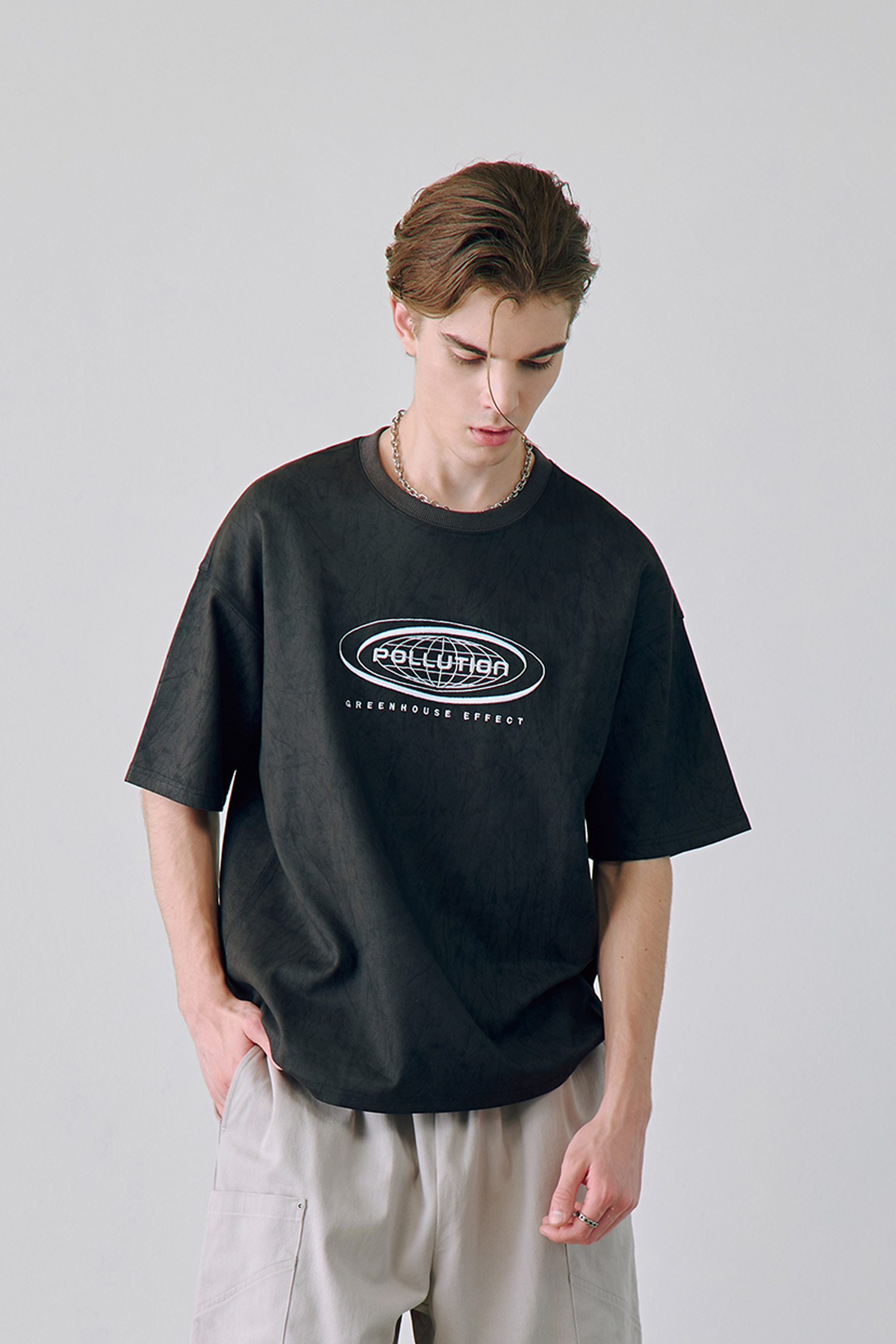 水洗感麂皮 印花 短袖上衣