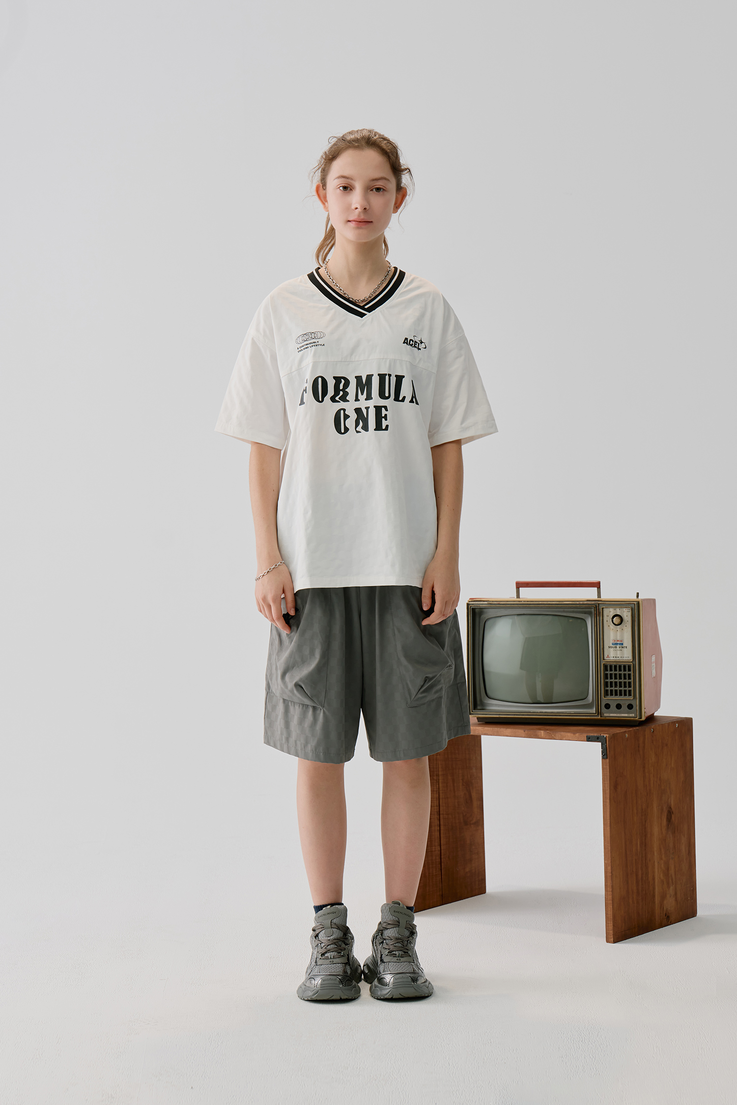 賽車剪接棋盤格 短袖上衣