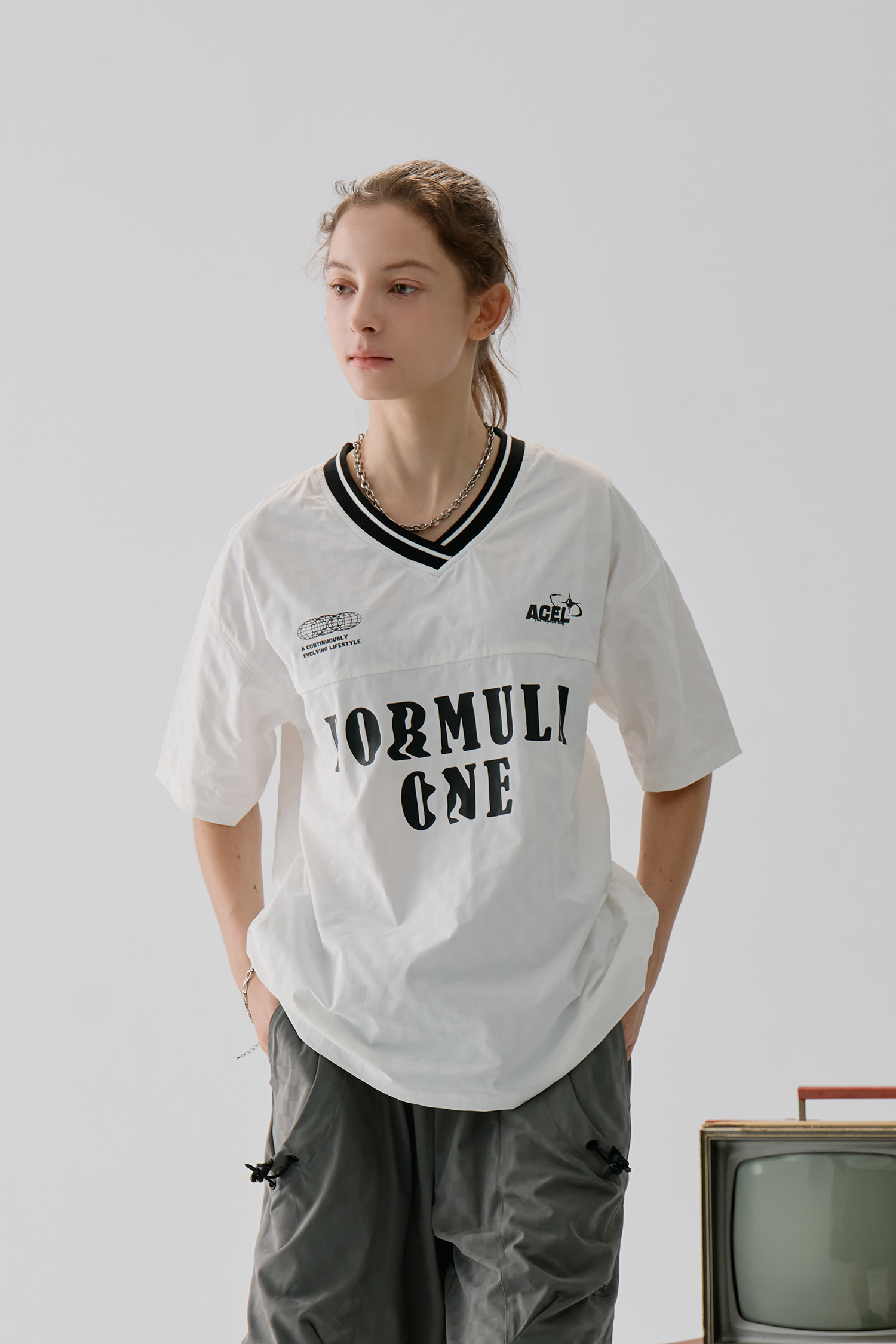 賽車剪接棋盤格 短袖上衣