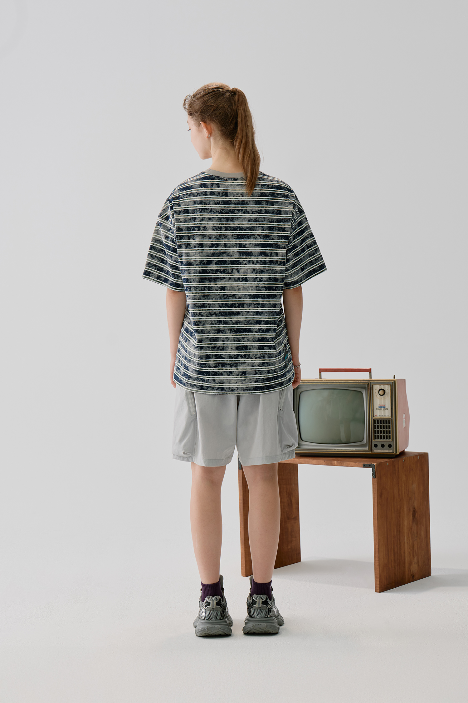 山系刺繡 洗舊條紋 短袖上衣