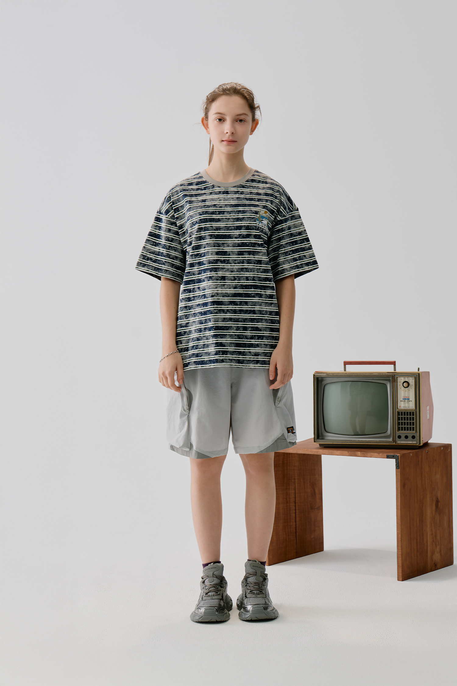 山系刺繡 洗舊條紋 短袖上衣