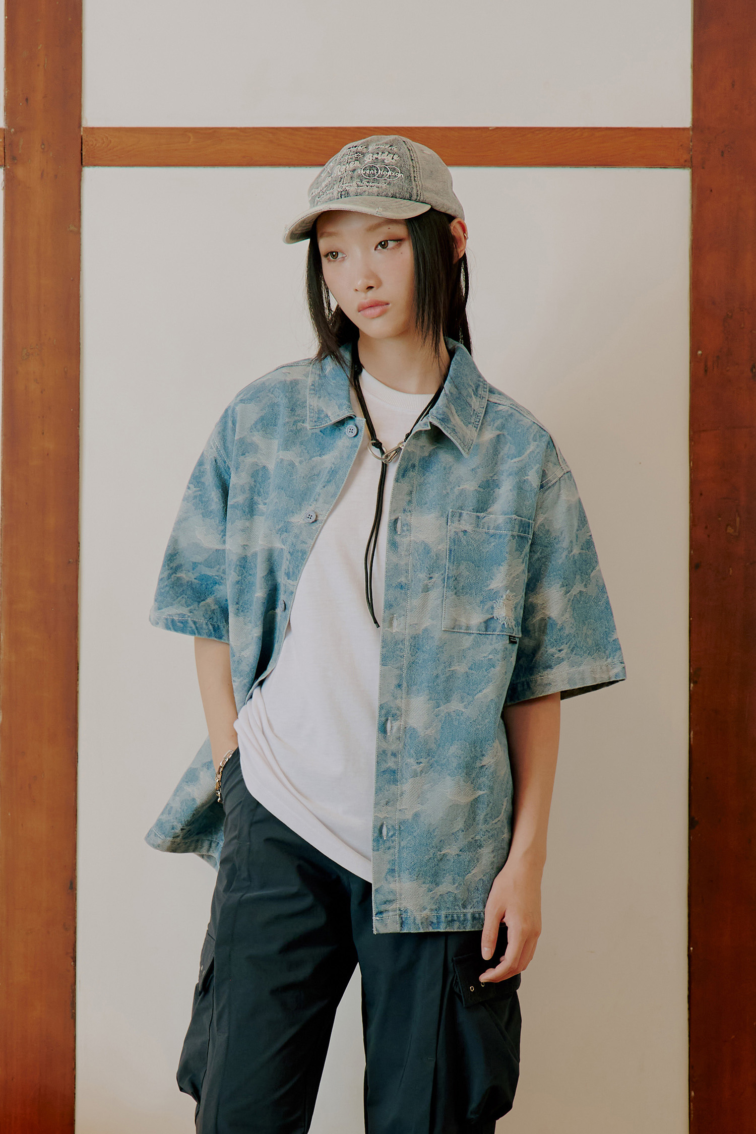 迷彩牛仔緹花 短袖襯衫