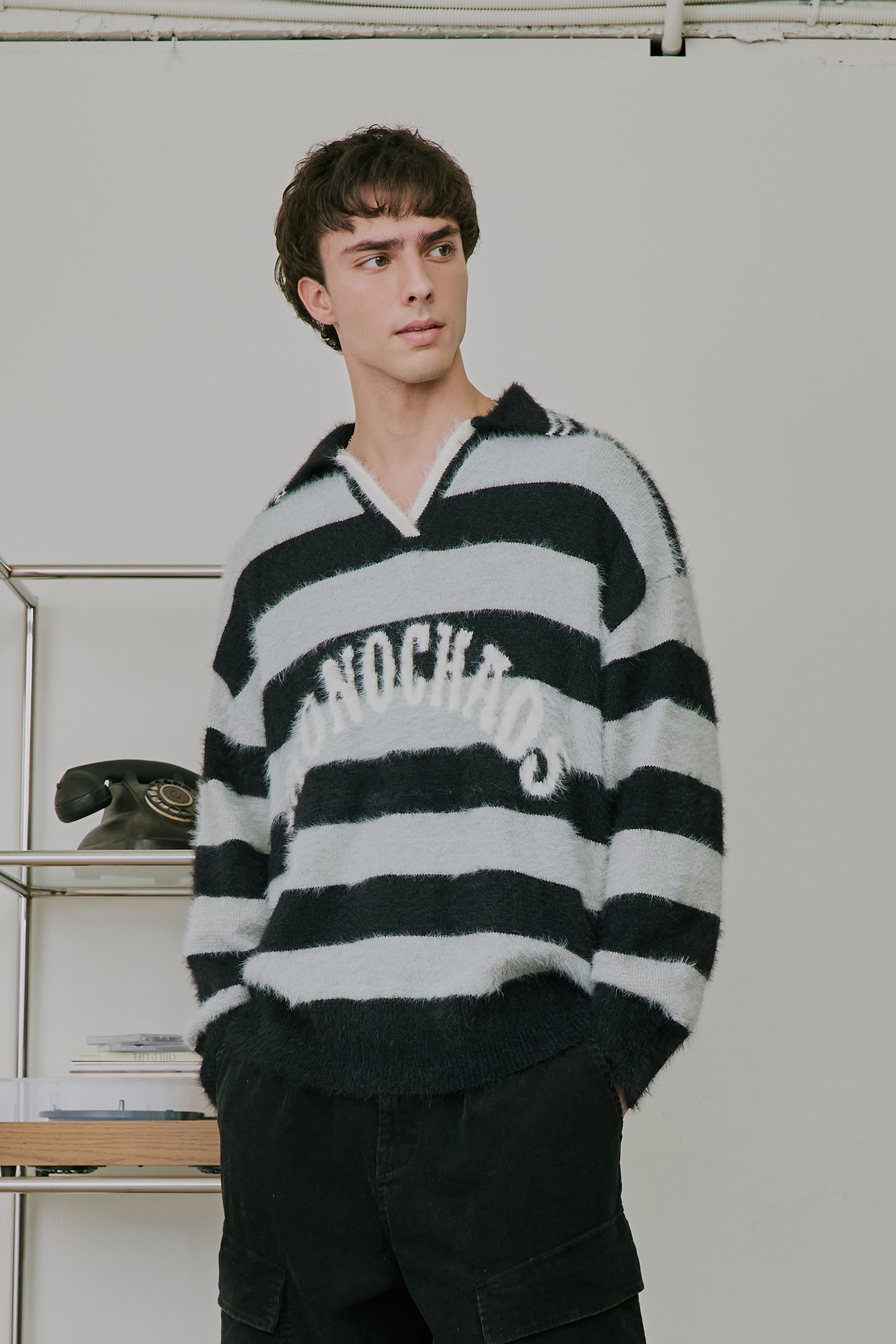 馬海毛 條紋翻領毛衣