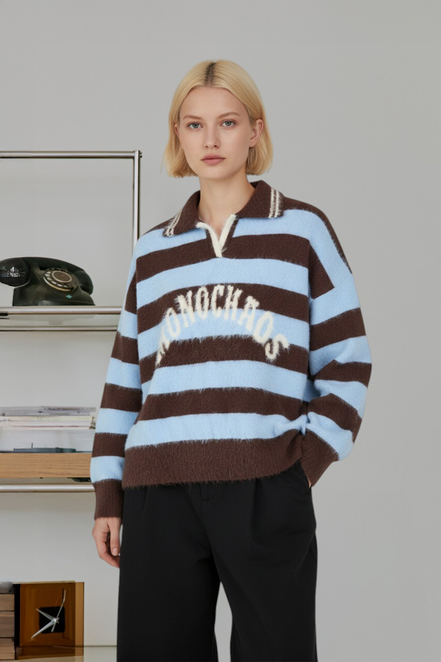 馬海毛 條紋翻領毛衣