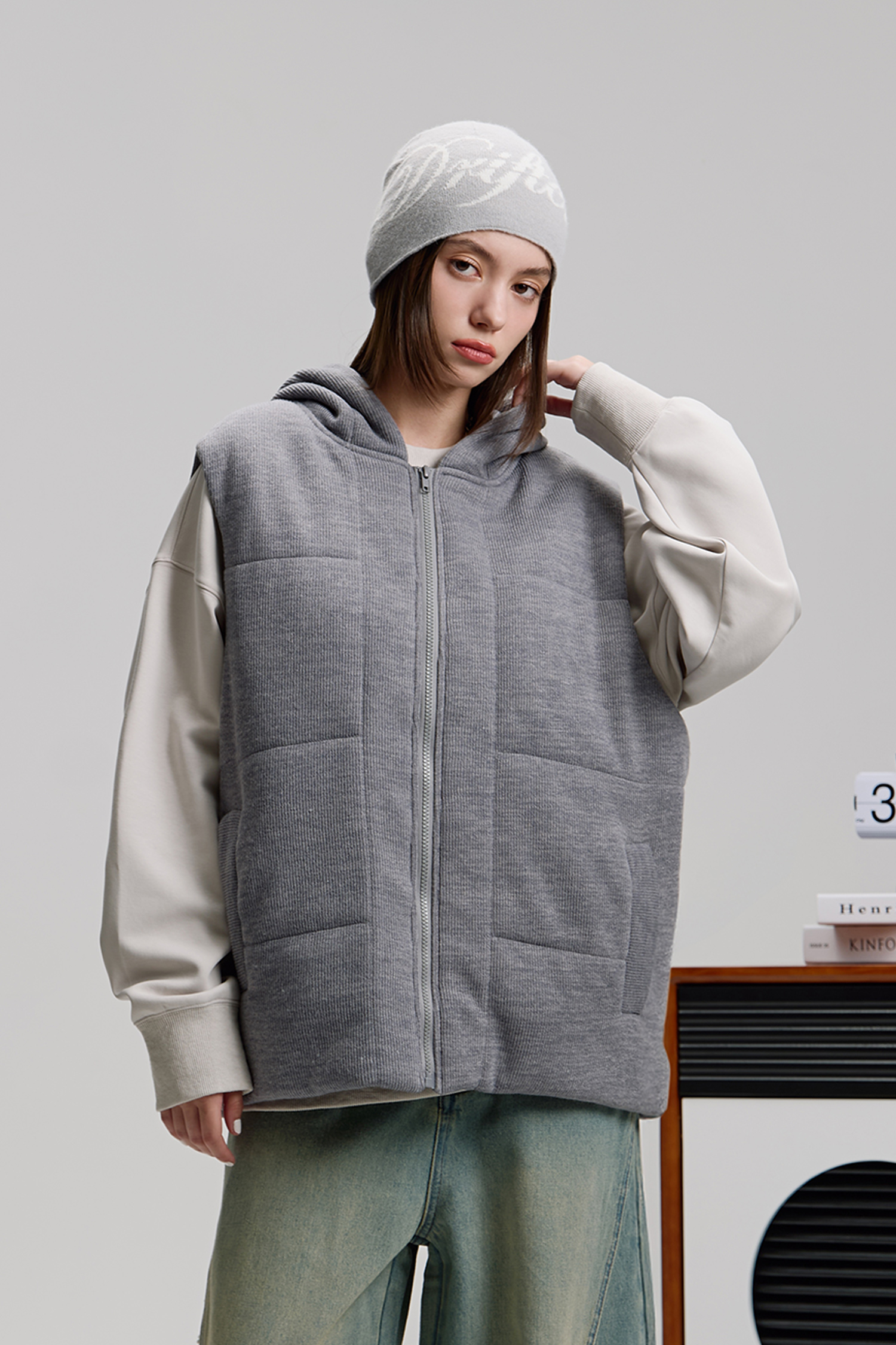 針織連帽鋪棉背心