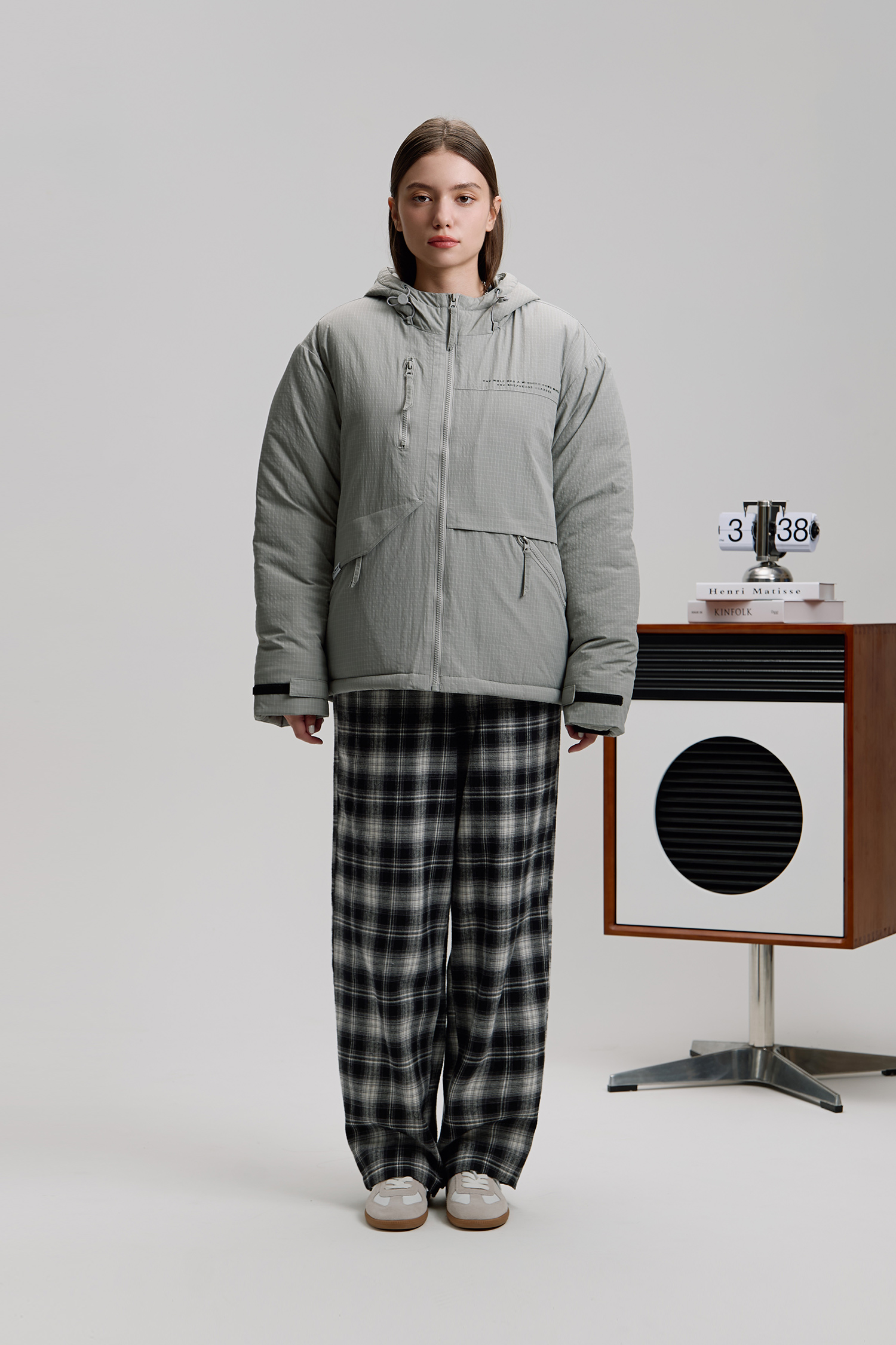 韓系 防潑水 細格紋鋪棉連帽外套