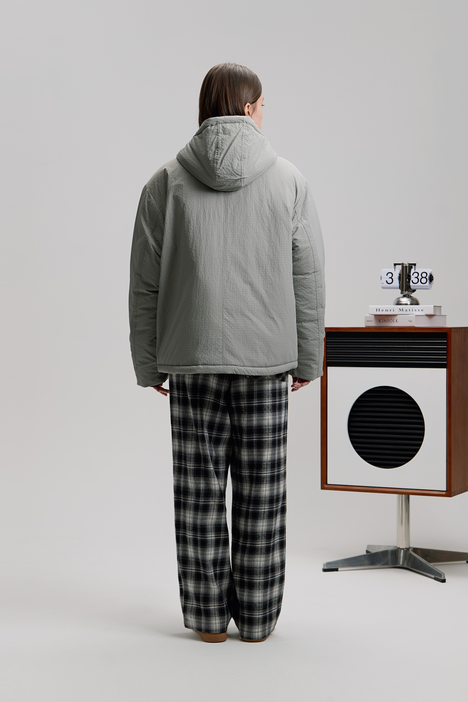 韓系 防潑水 細格紋鋪棉連帽外套