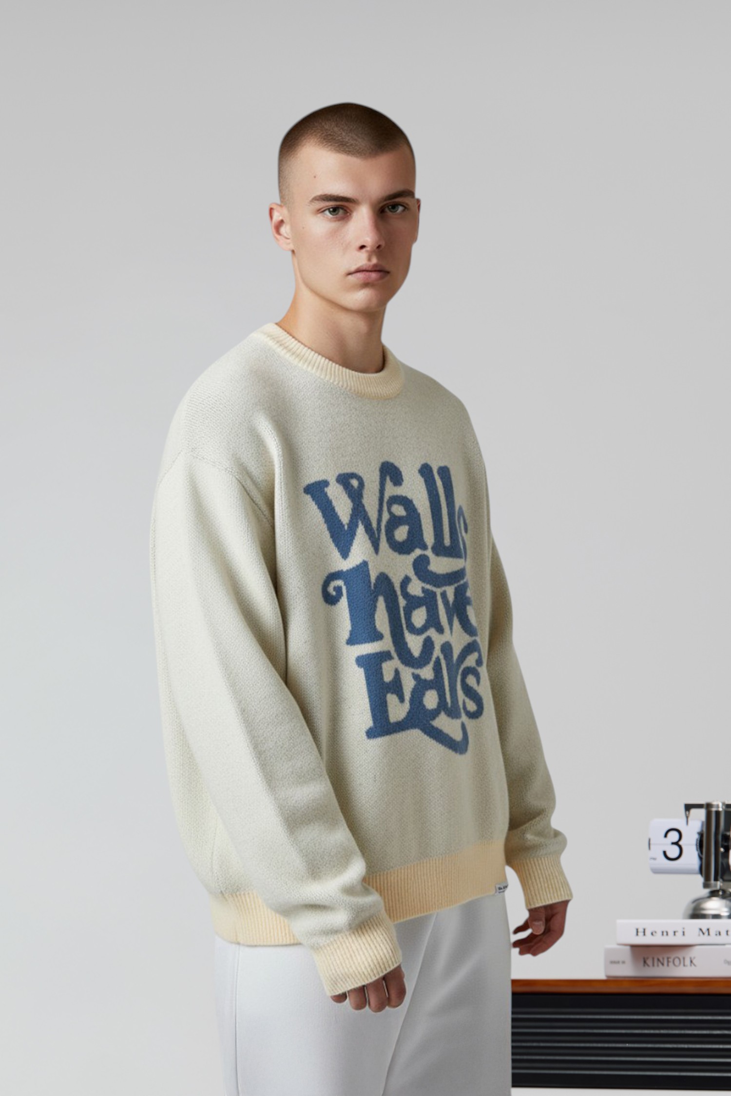 韓系 文字提花 圓領針織毛衣