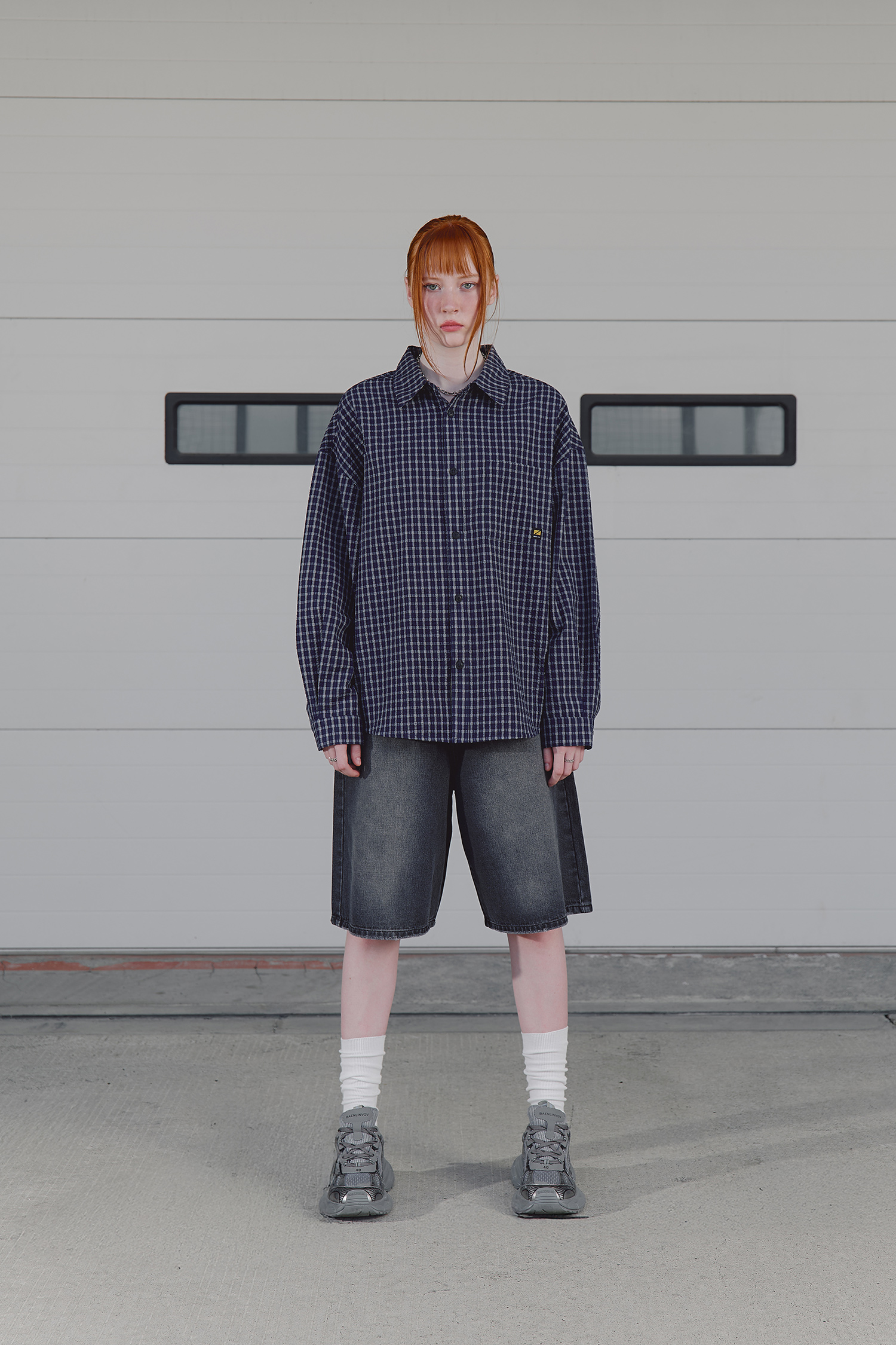 日系微皺 格紋長袖襯衫