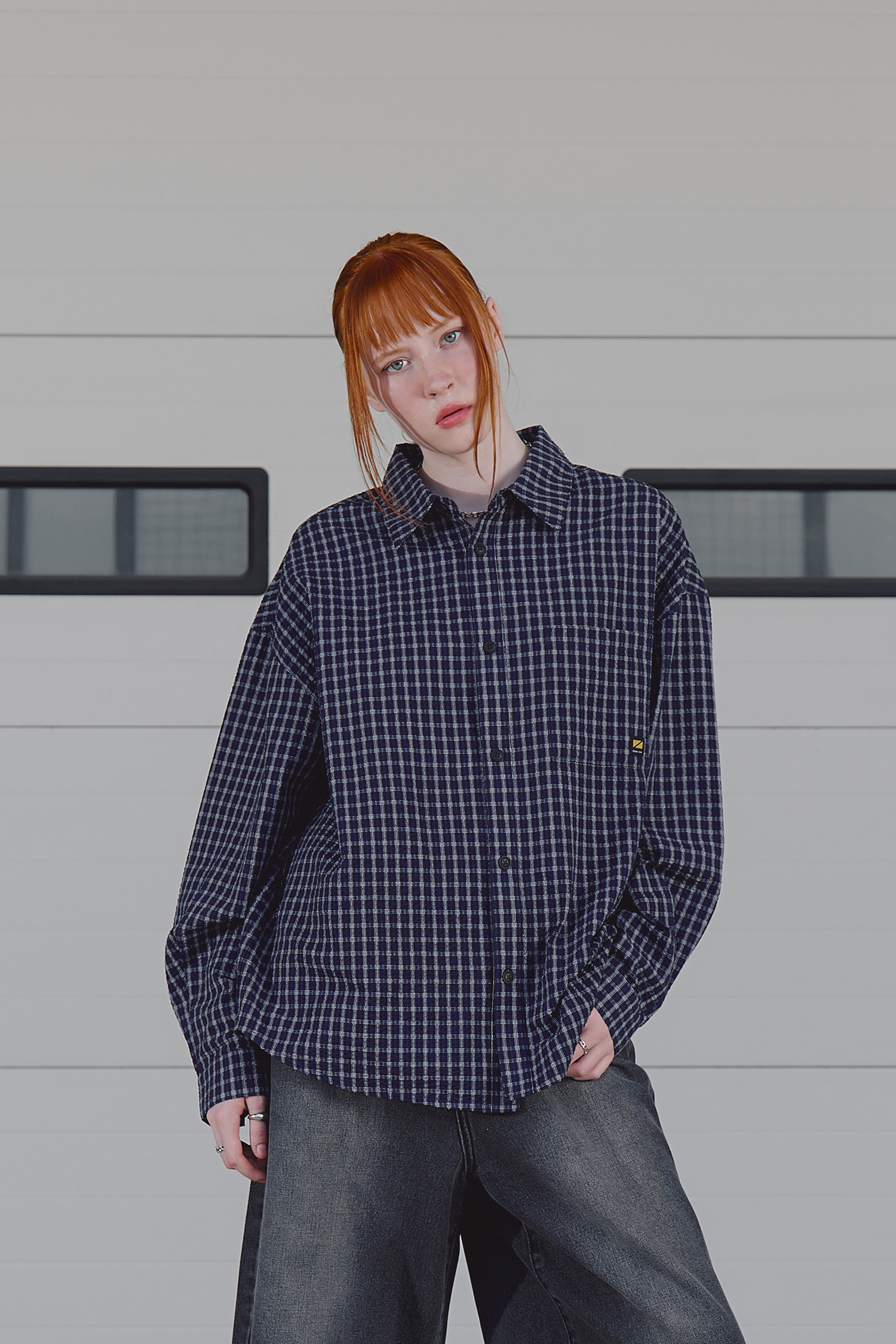 日系微皺 格紋長袖襯衫