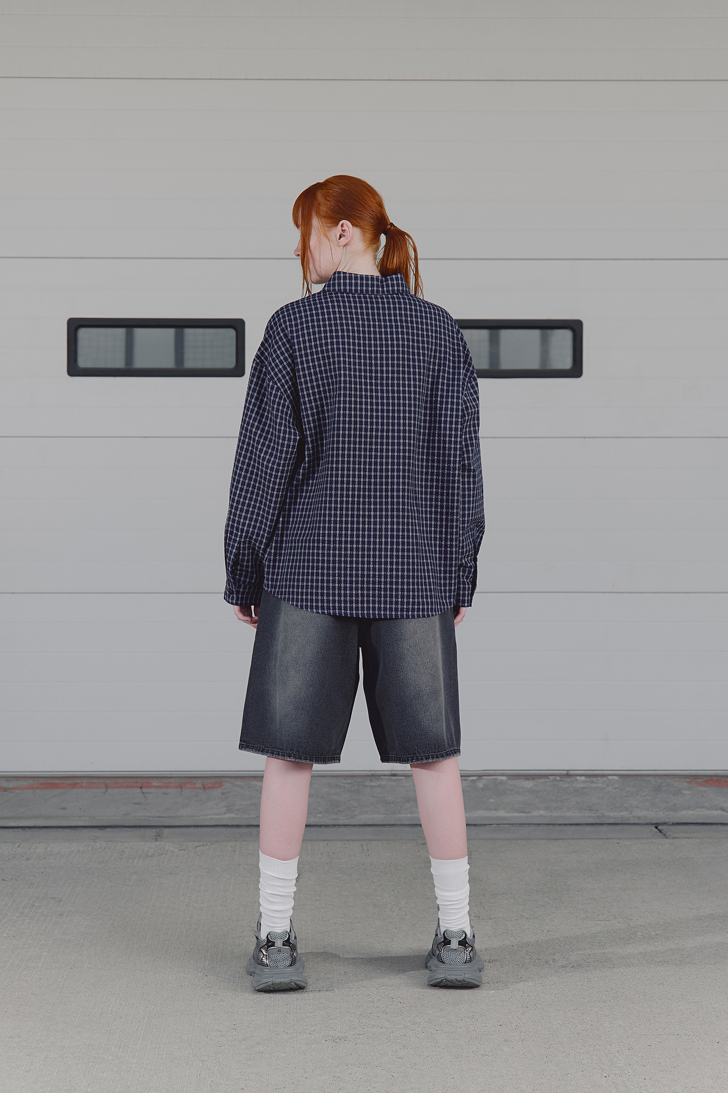 日系微皺 格紋長袖襯衫