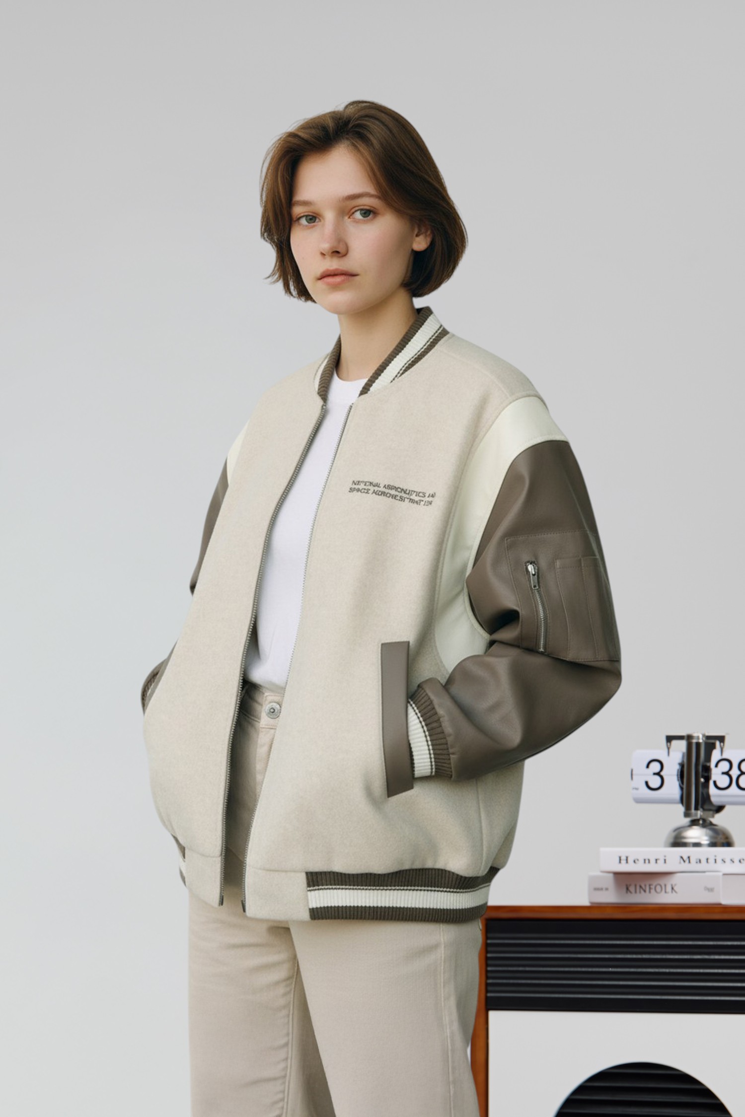 太空系列 皮革拼接棒球外套