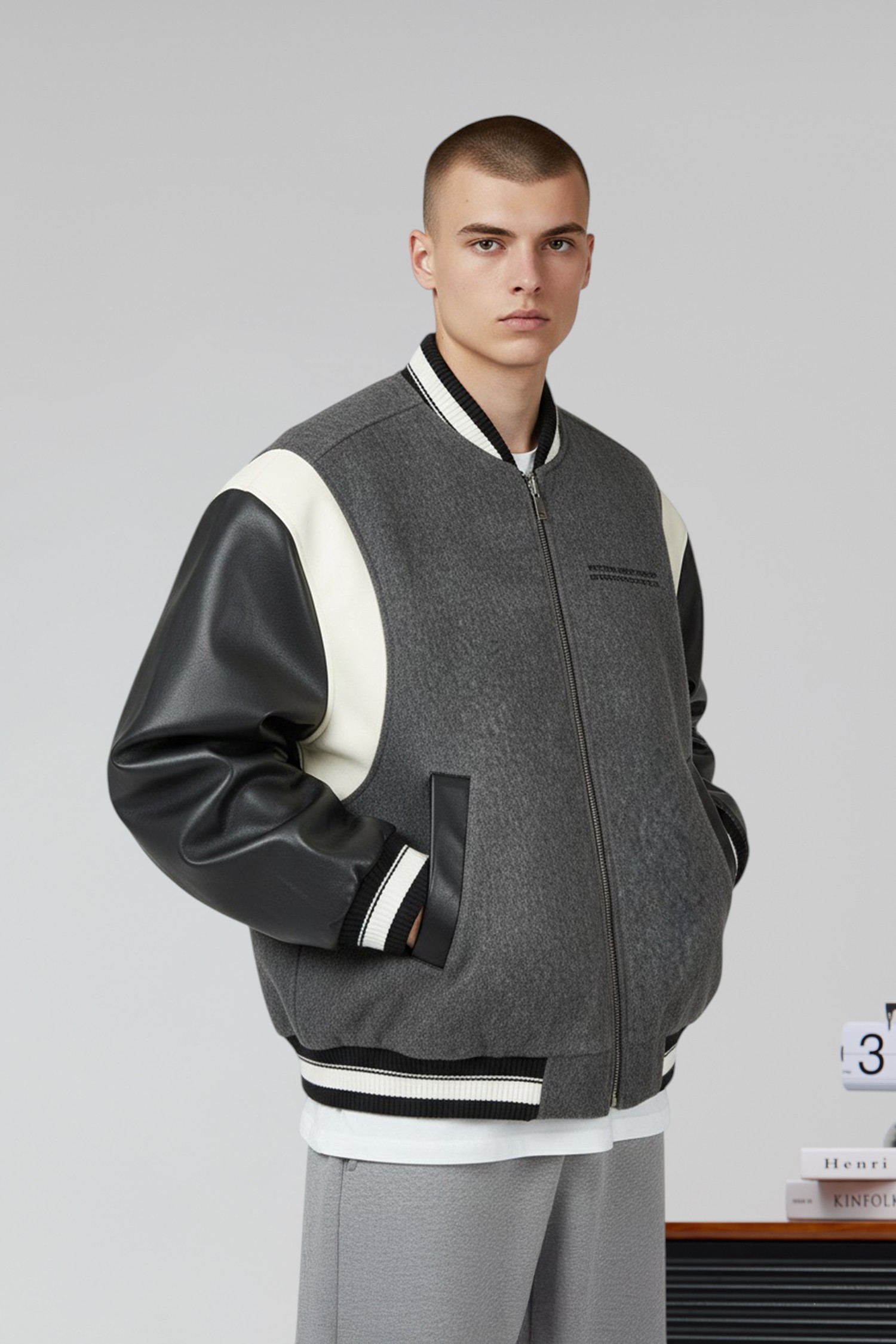 太空系列 皮革拼接棒球外套