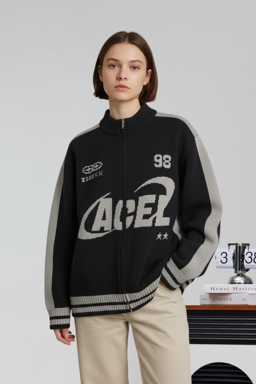 文字緹花拉鍊毛衣外套