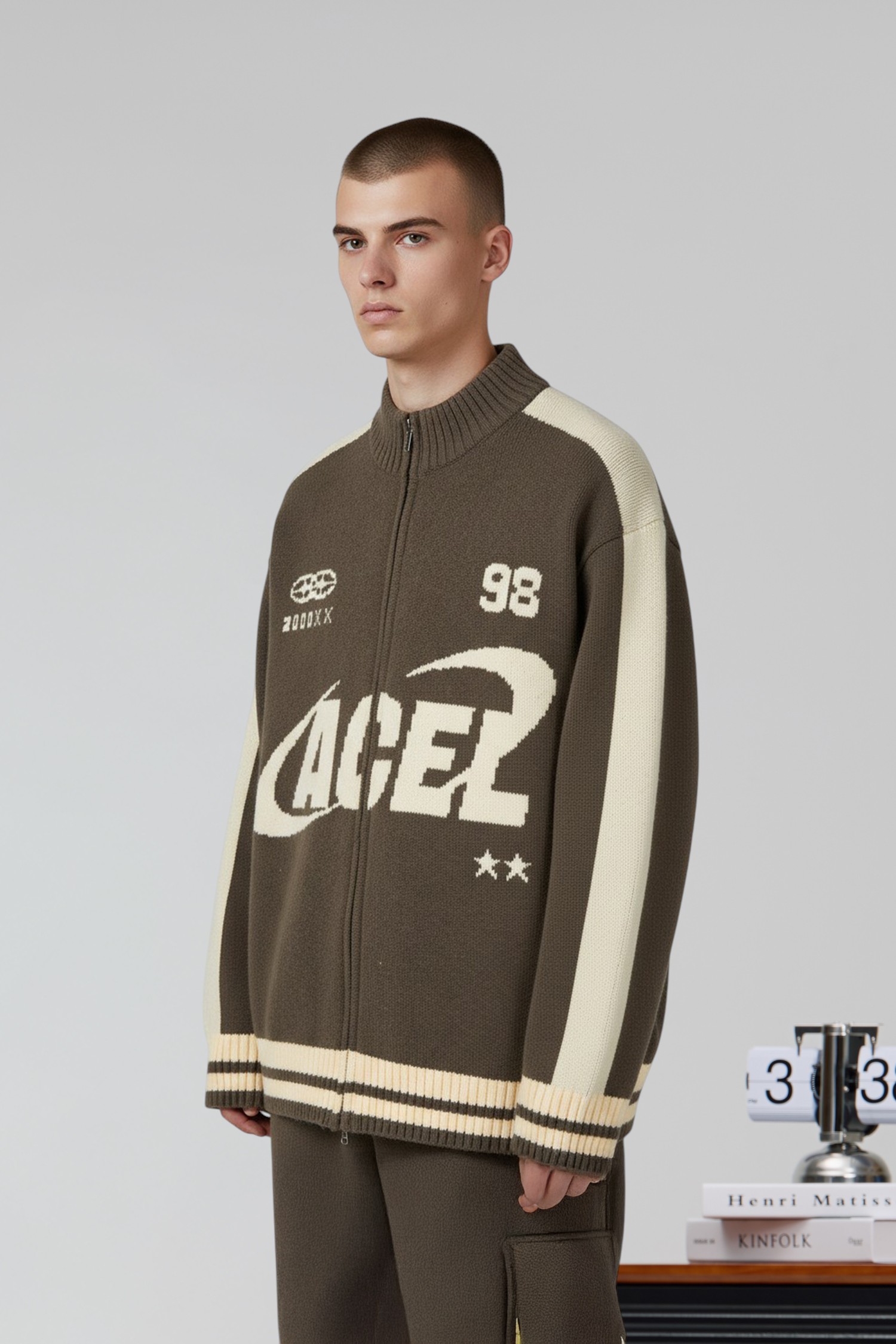 文字緹花拉鍊毛衣外套