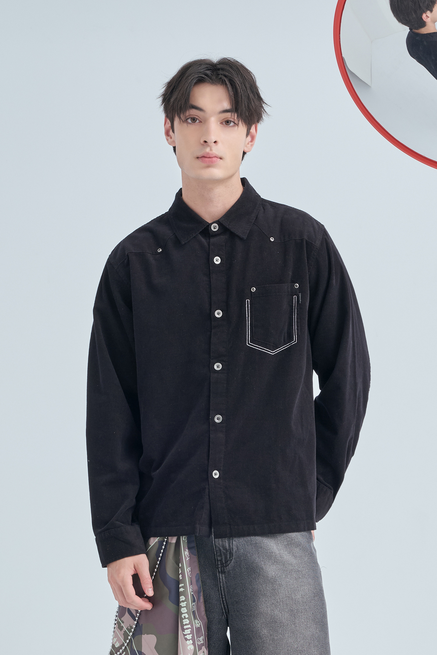 撞色口袋壓線 燈心絨長袖襯衫