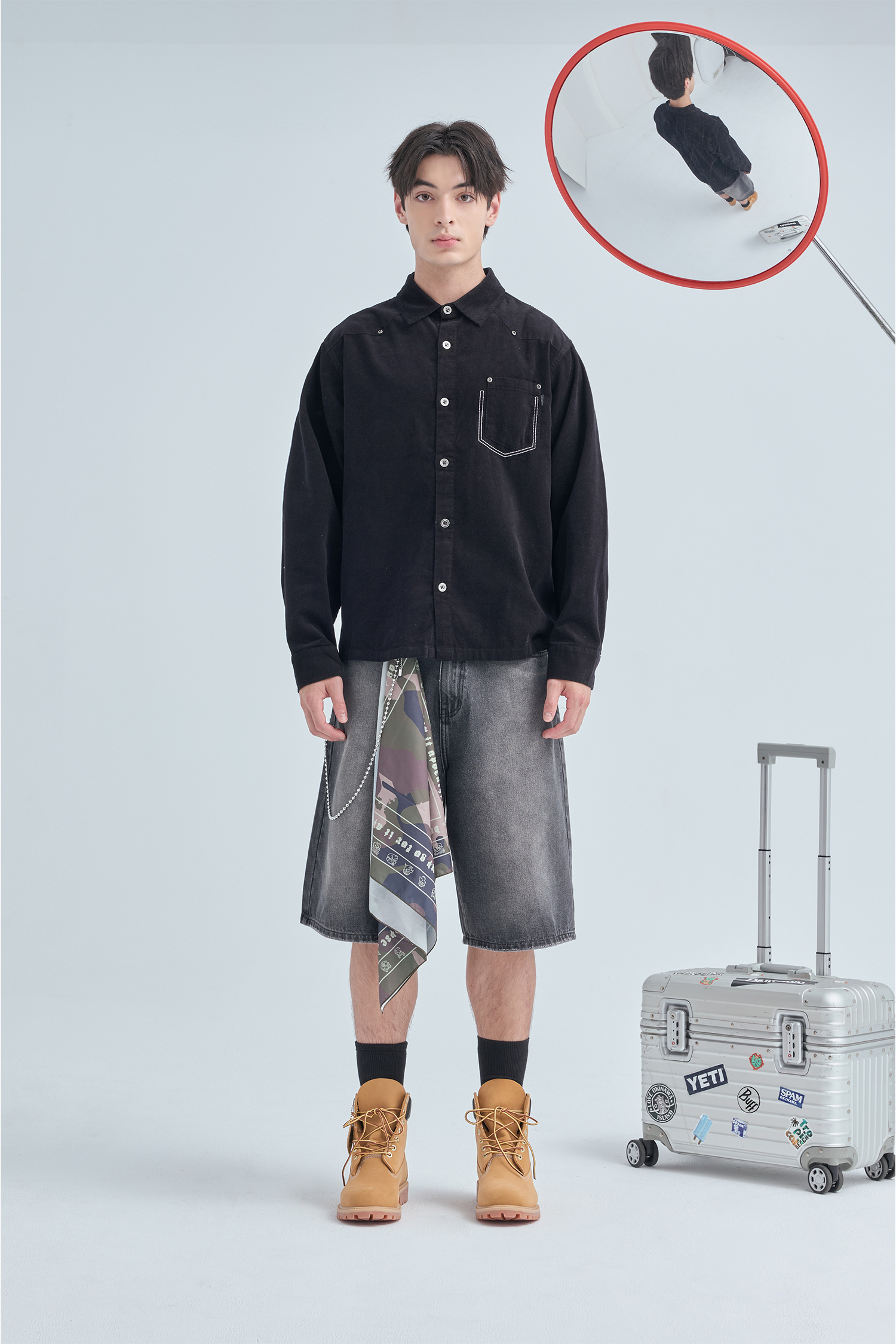 撞色口袋壓線 燈心絨長袖襯衫