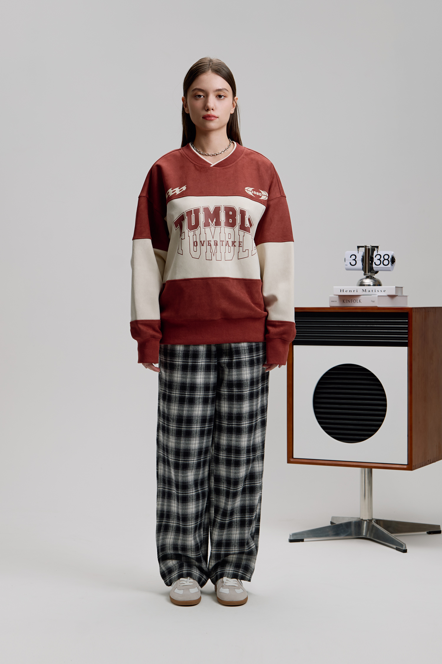 美式復古 麂皮拚色長袖上衣