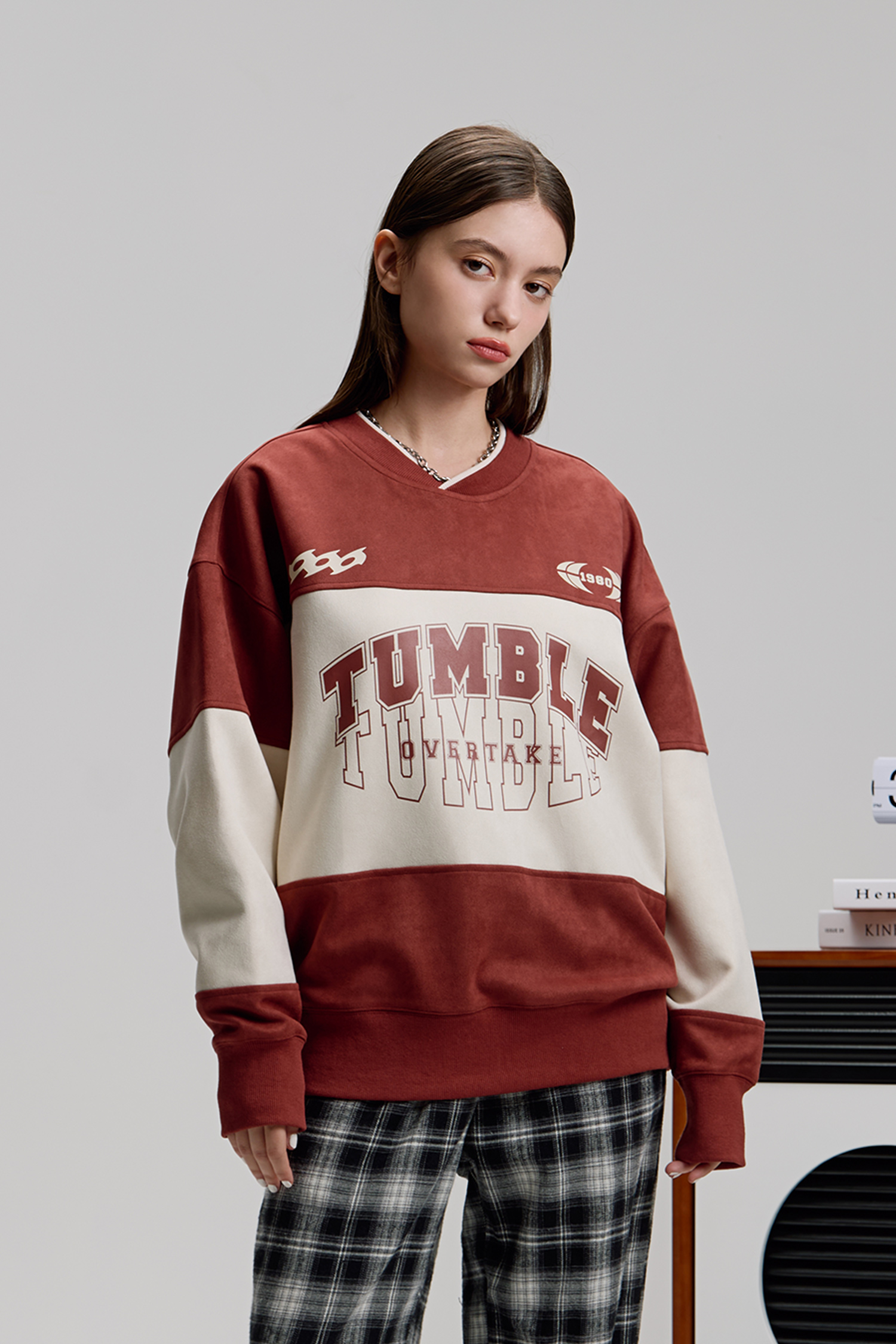 美式復古 麂皮拚色長袖上衣