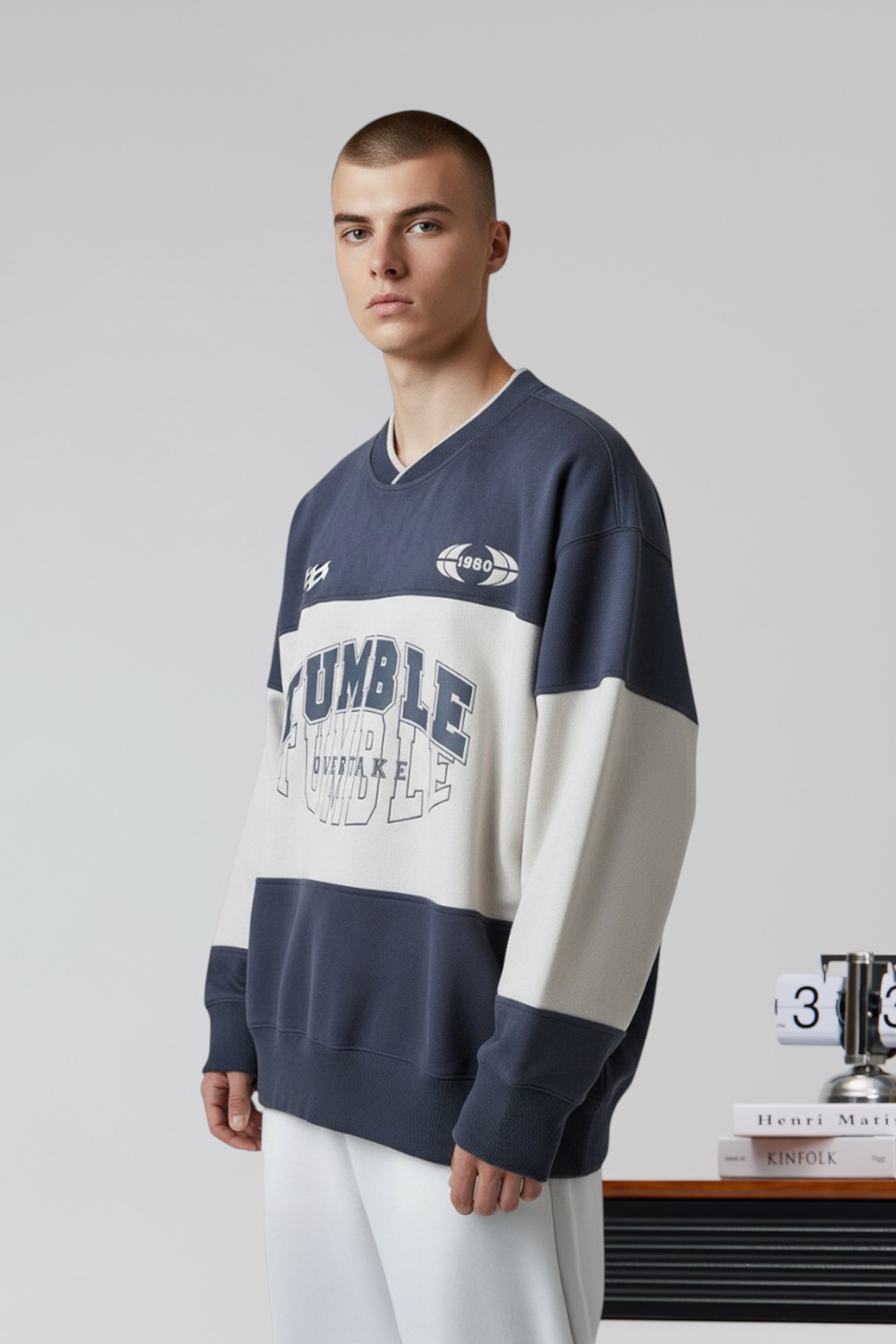 美式復古 麂皮拚色長袖上衣