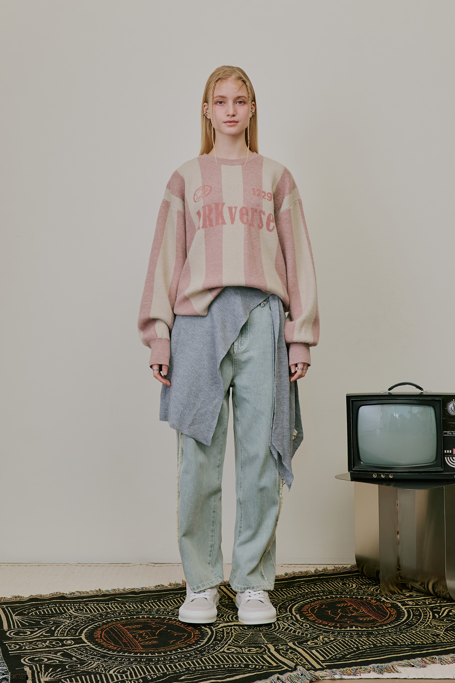 ARKis 條紋緹花復古毛衣(短版)