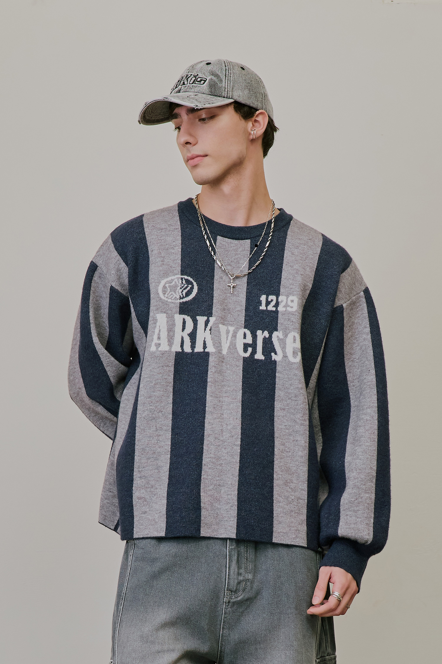 ARKis 條紋緹花復古毛衣(短版)