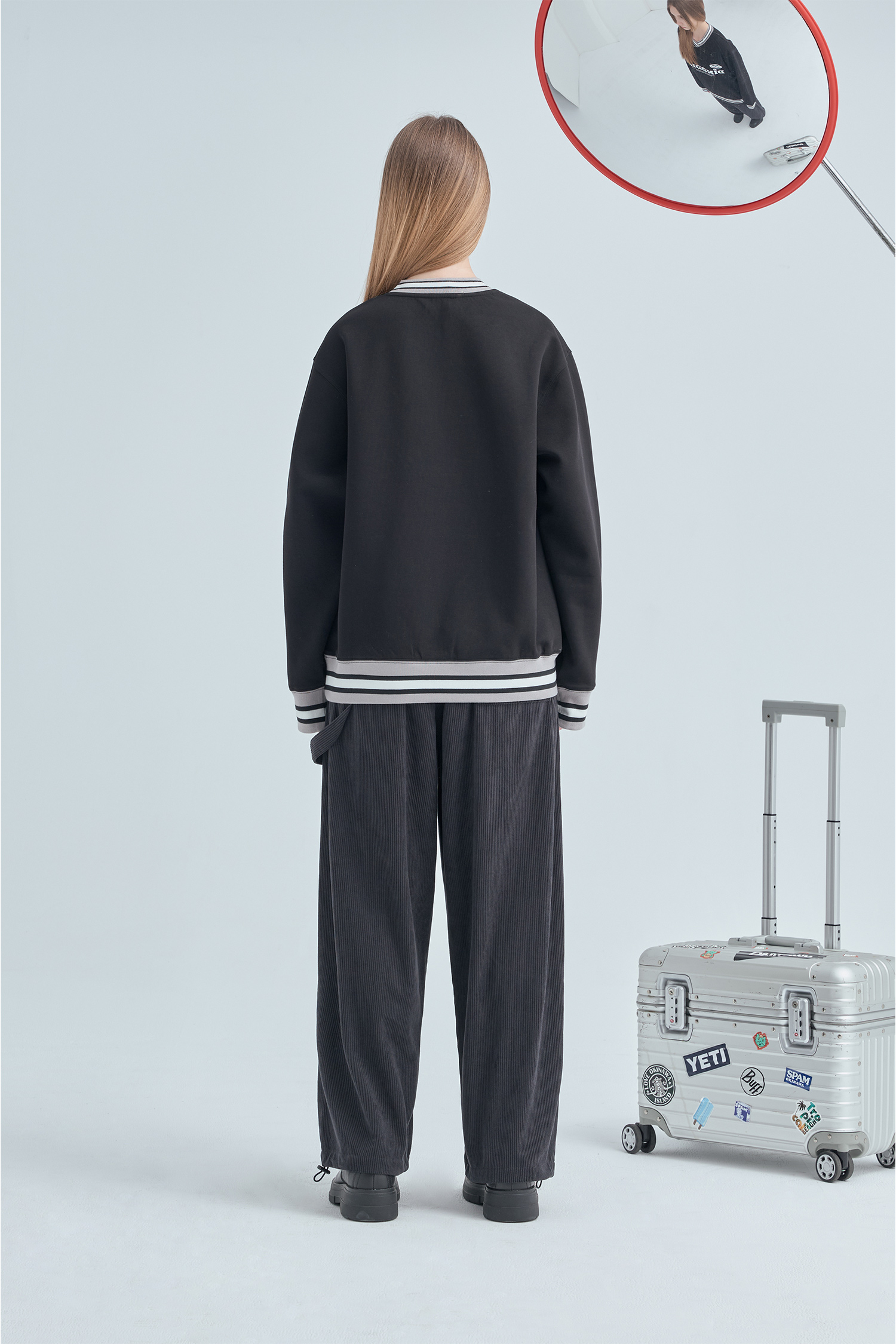 韓系 跳色羅紋 V領長袖上衣