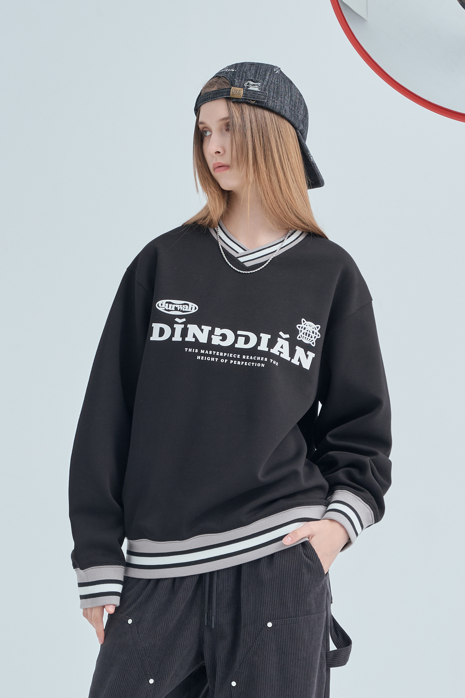 韓系 跳色羅紋 V領長袖上衣