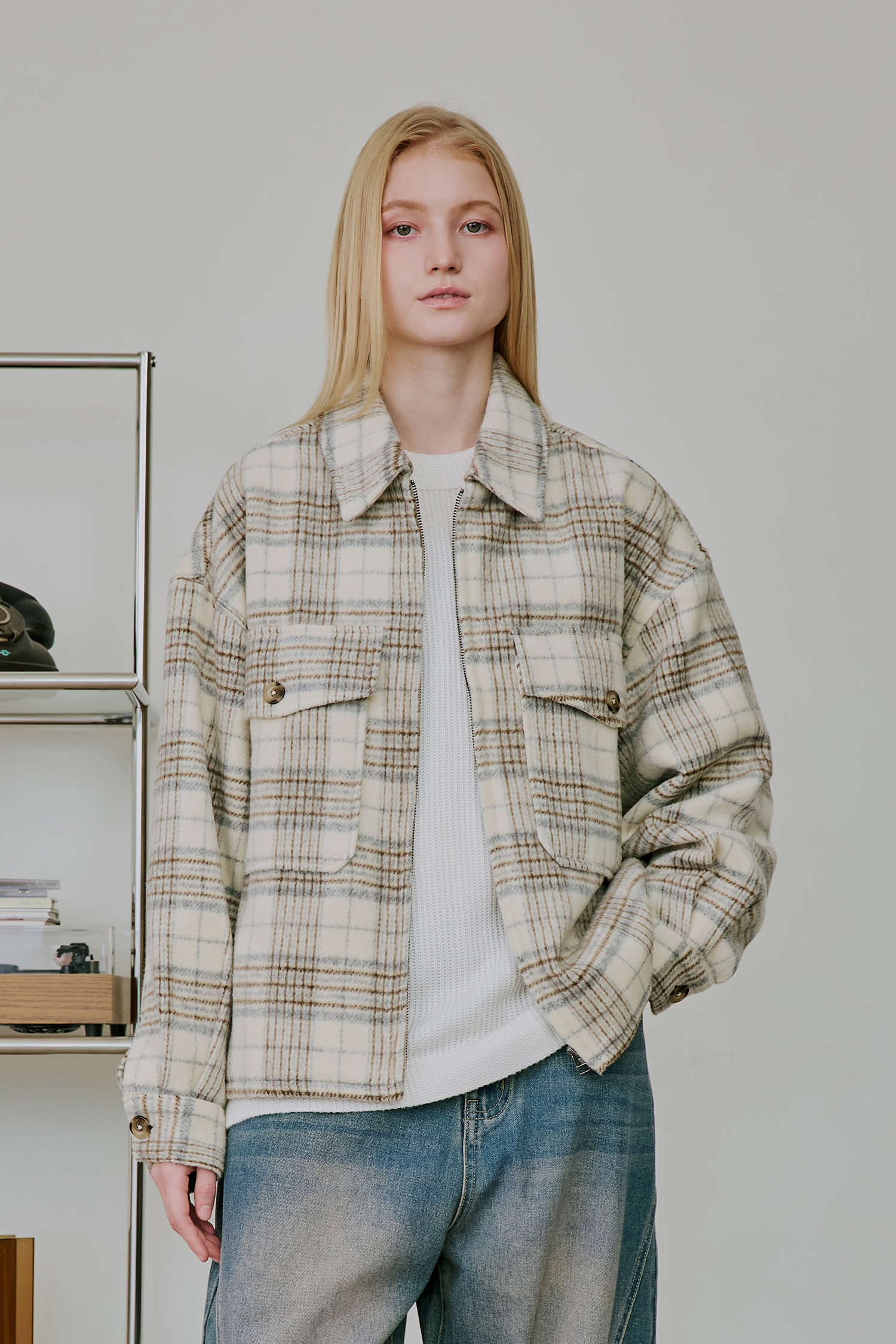 格紋毛呢拉鏈外套(短版)